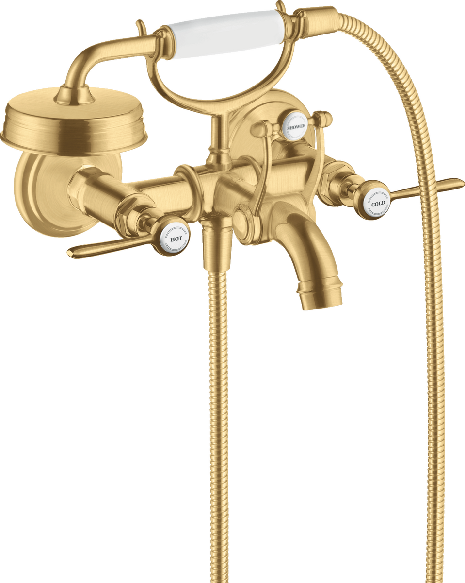 Axor Montreux 5.3 GPM 2-Lever Handle Wall Mounted Brushed Gold Optic Tub Filler With 1.8 GPM Handshower