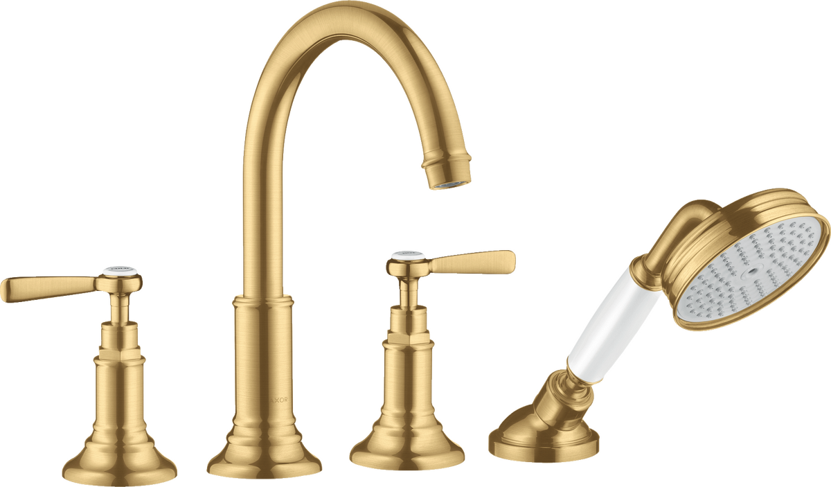 Axor Montreux 6.0 GPM Lever Handles 4-Hole Brushed Gold Optic Roman Tub Set Trim With 1.8 GPM Handshower