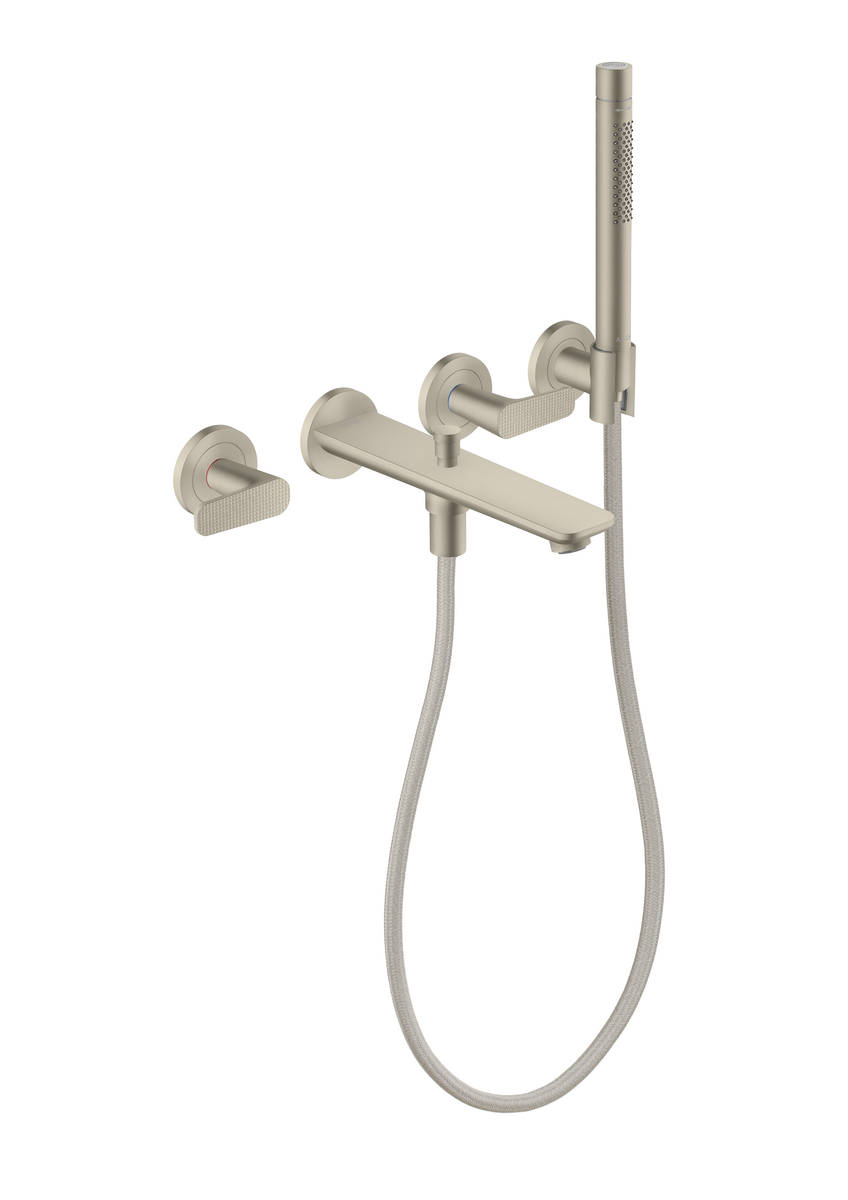 Axor Citterio C 1.75 GPM 3-Hole Brushed Nickel Wall Mounted Tub Filler With Cubic Cut Handshower and Holder