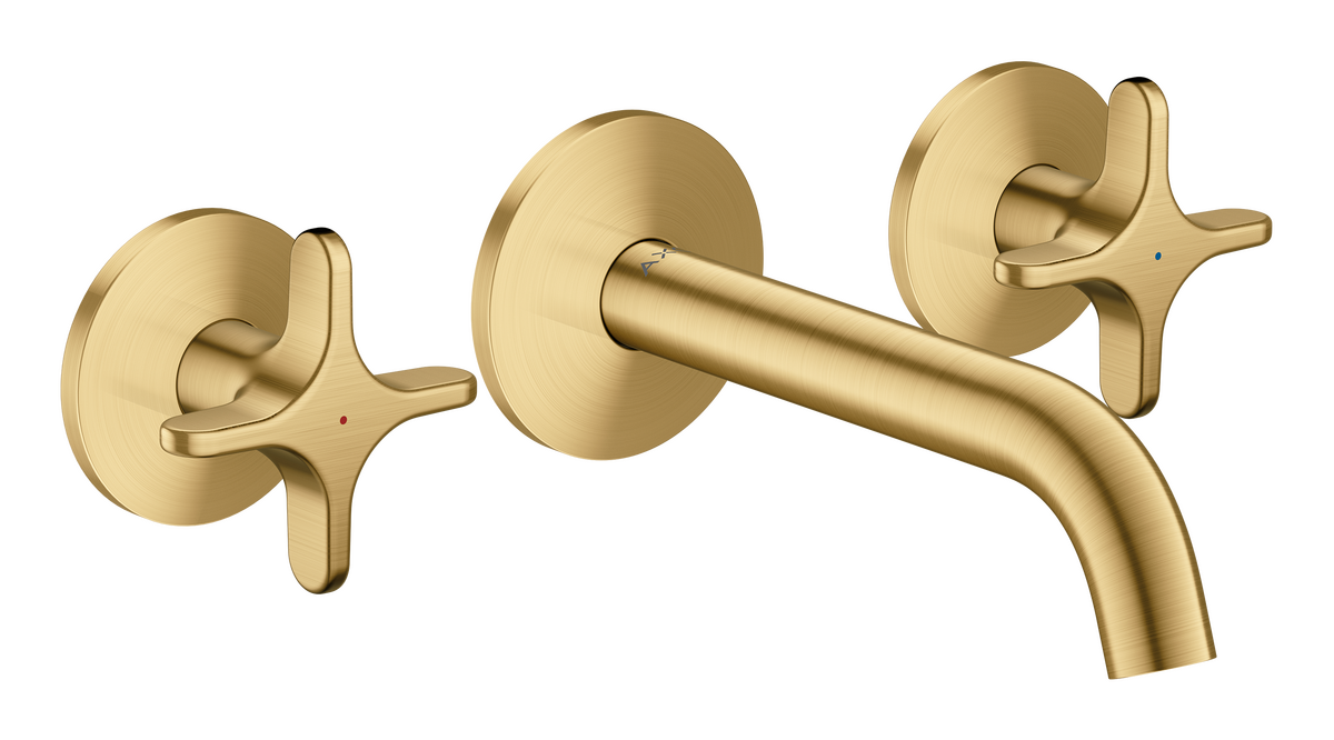 Axor One 1.2 GPM Widespread Cross Handles Brushed Gold Optic Wall-Mounted Faucet