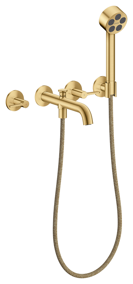 Axor One 1.75 GPM 3-Hole Lever Handles Brushed Gold Optic Wall Mounted Tub Filler With Handshower and Holder