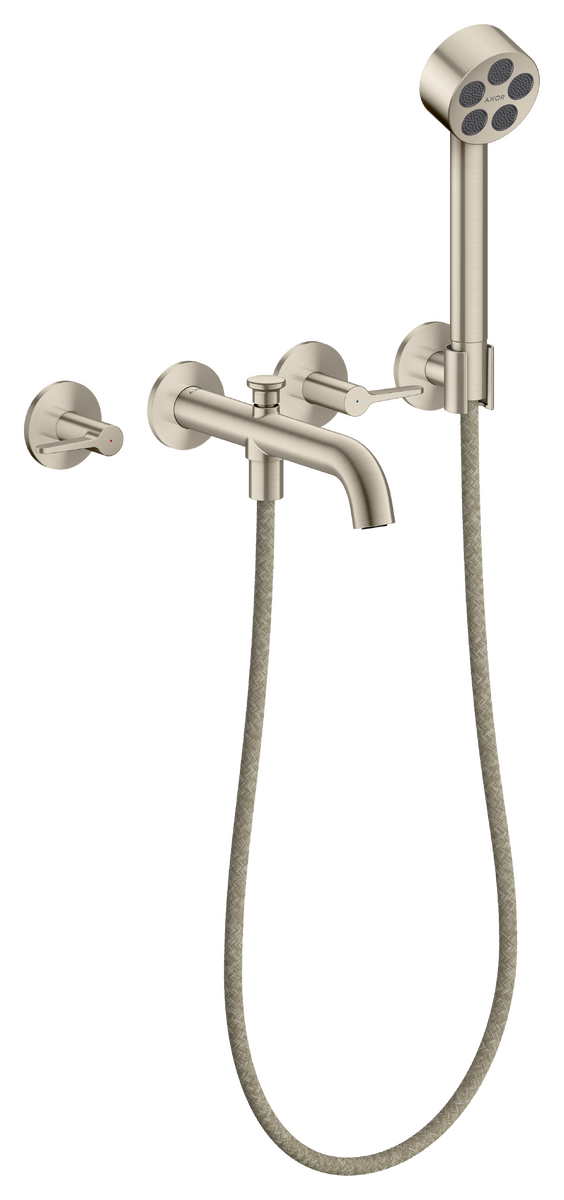 Axor One 1.75 GPM 3-Hole Lever Handles Brushed Nickel Wall Mounted Tub Filler With Handshower and Holder