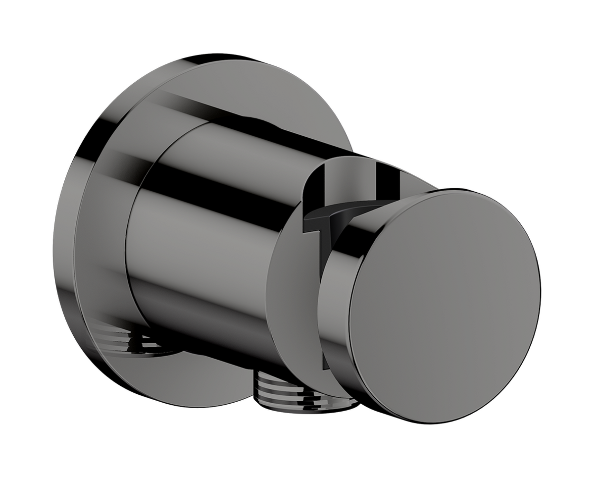 Axor One Round Metal Polished Black Chrome Wall Outlet With Handshower Holder and Check Valves