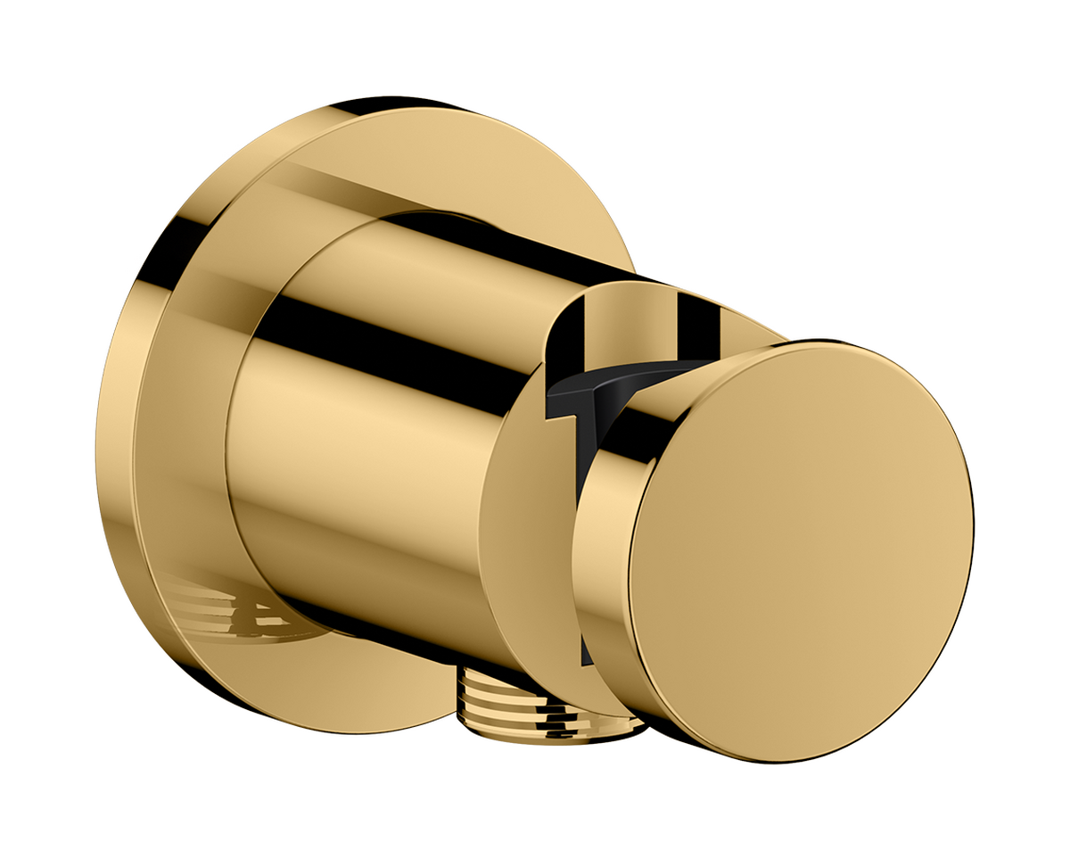 Axor One Round Metal Polished Gold Optic Wall Outlet With Handshower Holder and Check Valves