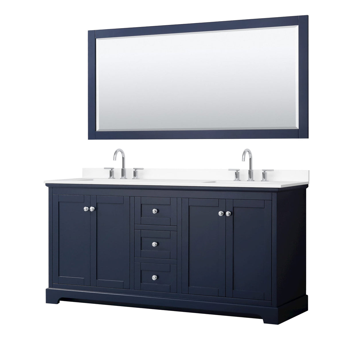 Wyndham Collection Avery 72" Double Bathroom Vanity in Dark Blue, White Cultured Marble Countertop, Undermount Square Sinks (3-Hole), Polished Chrome Trim and 70" Mirror