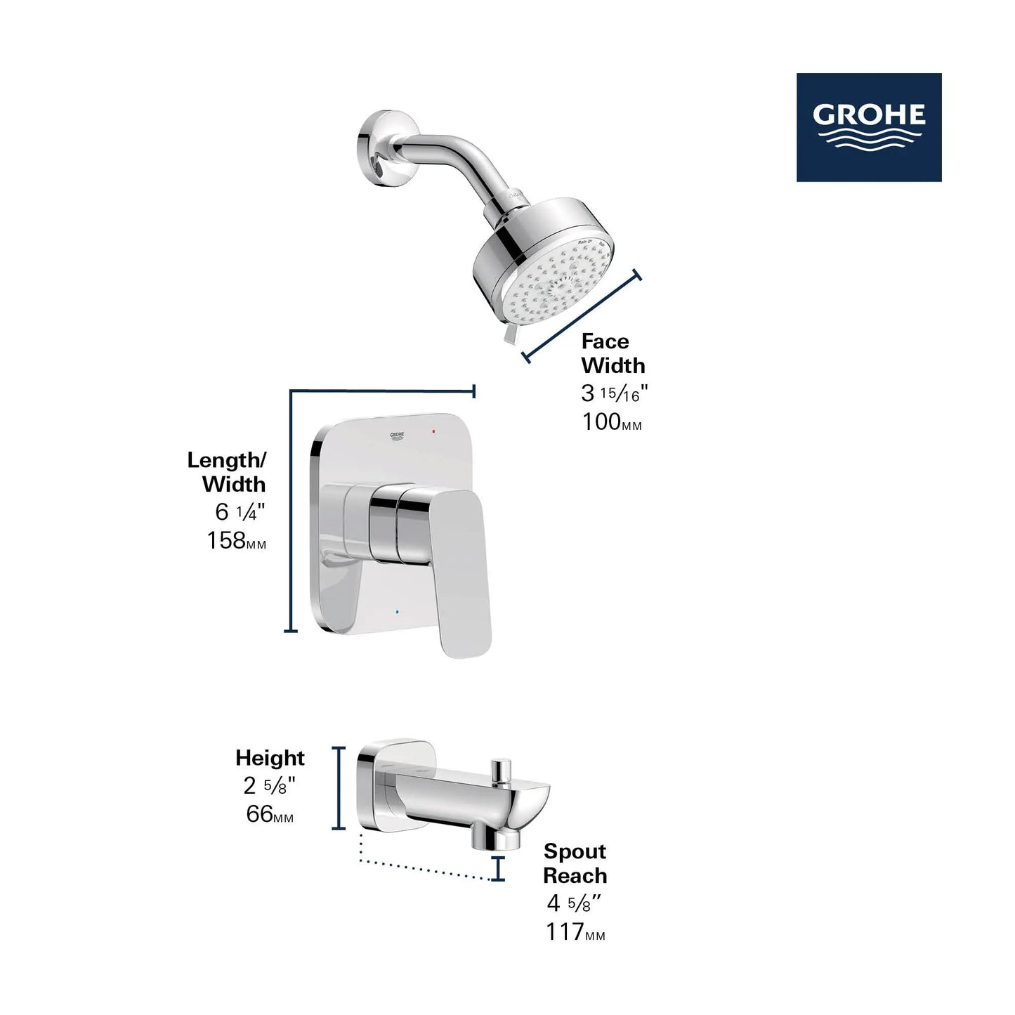Grohe Cubeo Pressure Balance Valve StarLight Chrome Tub/Shower Trim Kit