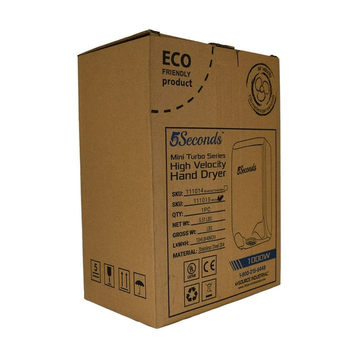 5Seconds Mini Turbo Series 7" Brushed Stainless Steel High Velocity 1000W Touch Free Electric Hand Dryer