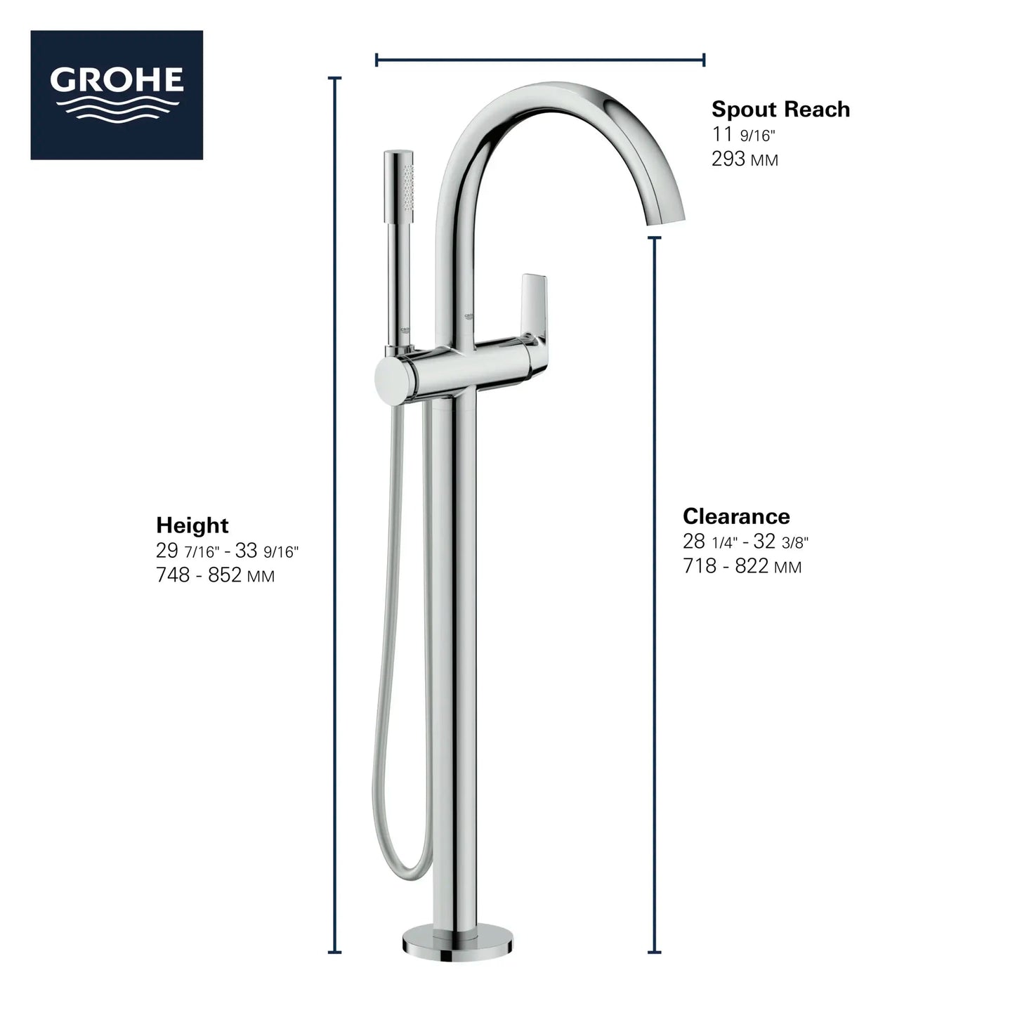 Grohe Defined Single-Handle Freestanding StarLight Chrome Tub Faucet With 1.75 GPM Hand Shower