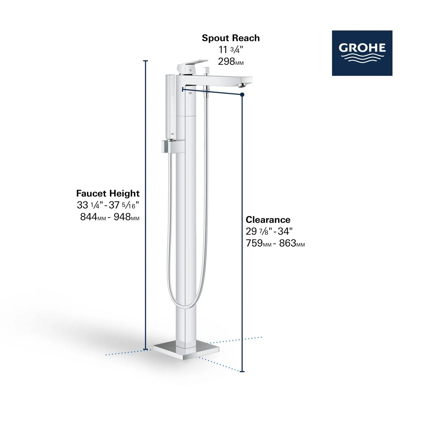 Grohe Eurocube® Single-Handle StarLight Chrome Freestanding Tub Faucet With 1.75 GPM Hand Shower