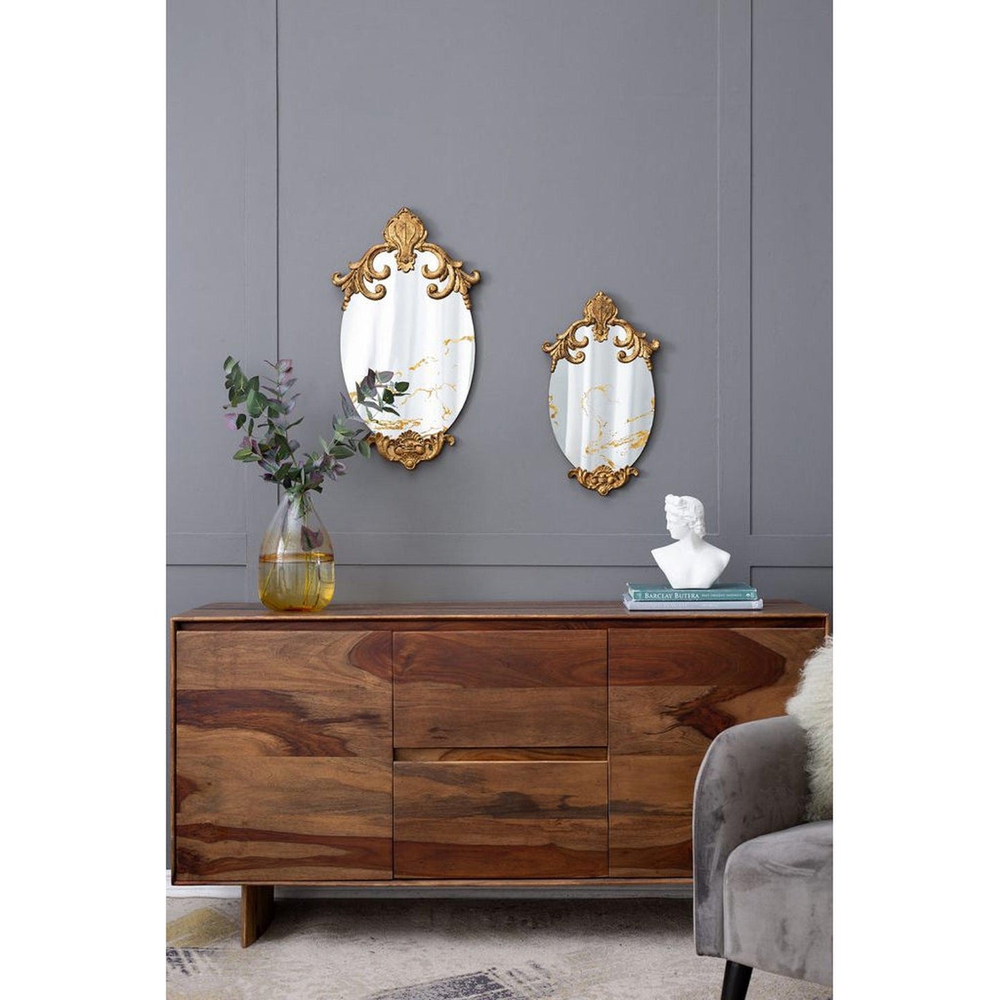 A&B Home 12" x 21" Bundle of 33 Decorative Oval Shape Antique Gold Resin Frame Wall-Mounted Mirror With Ornate Design