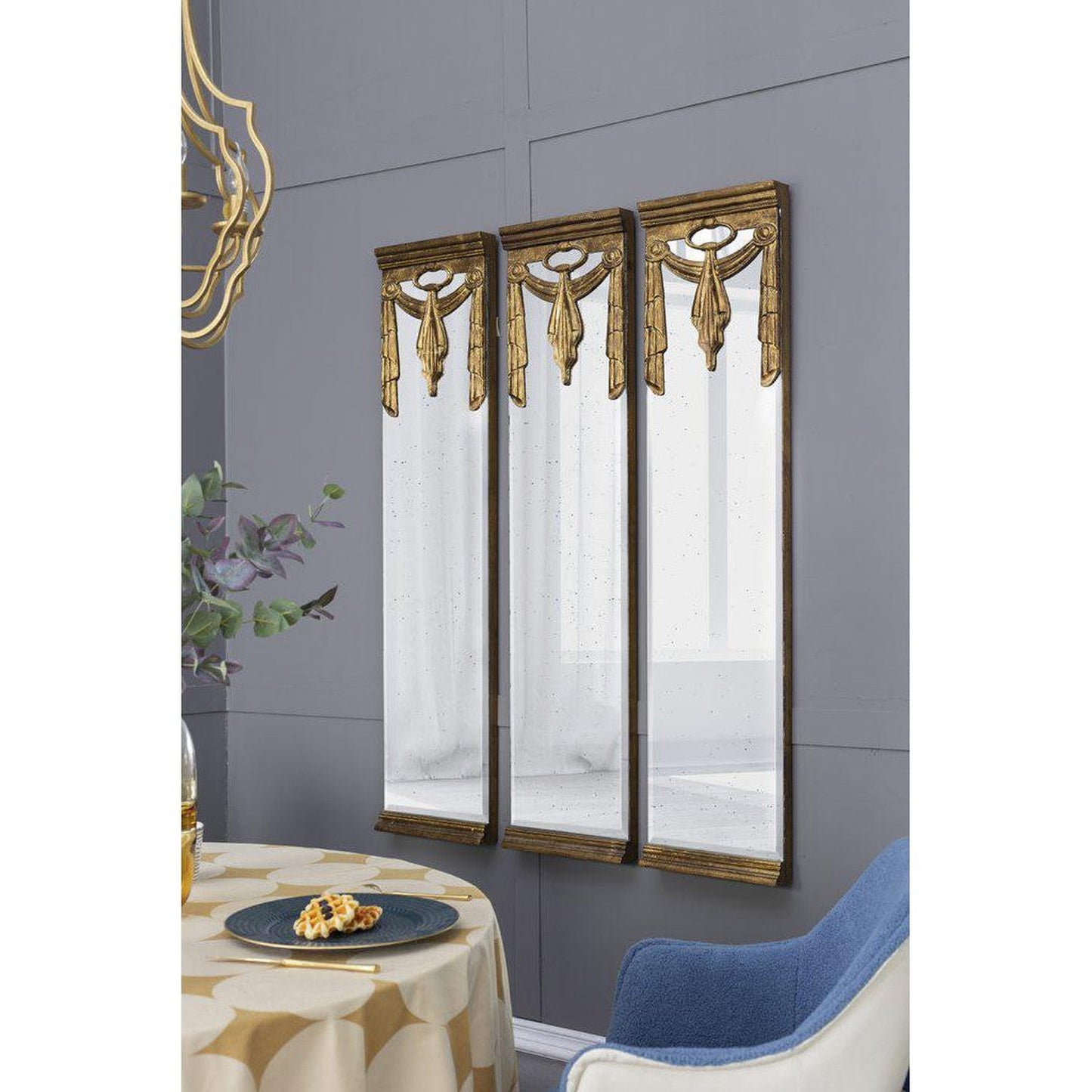 A&B Home 15" x 63" Bundle of 10 Rectangular Polished Antique Gold Frame Wall-Mounted Mirror With Silver Sash Drape