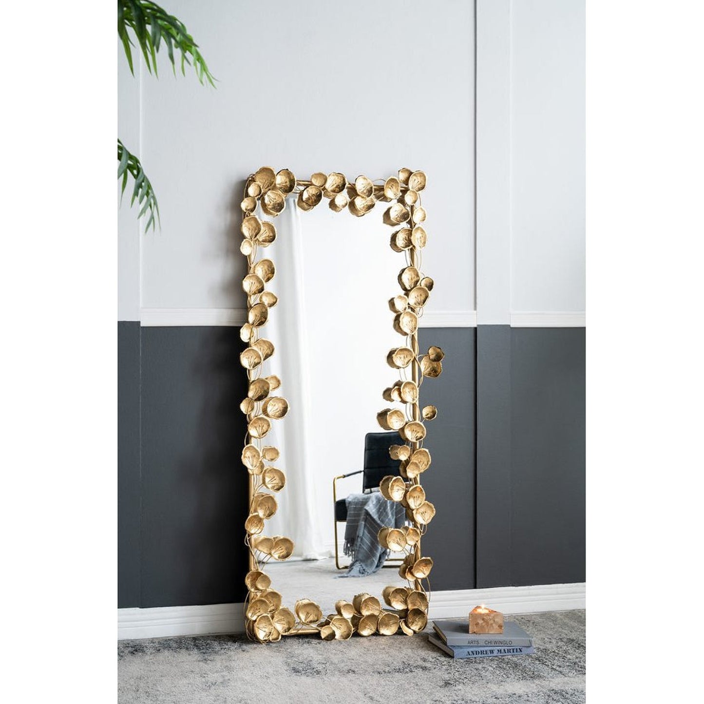 A&B Home 31" x 51" Bundle of 9 Rectangular Gold Metal Frame Wall-Mounted Mirror With Golden Leaf Accent
