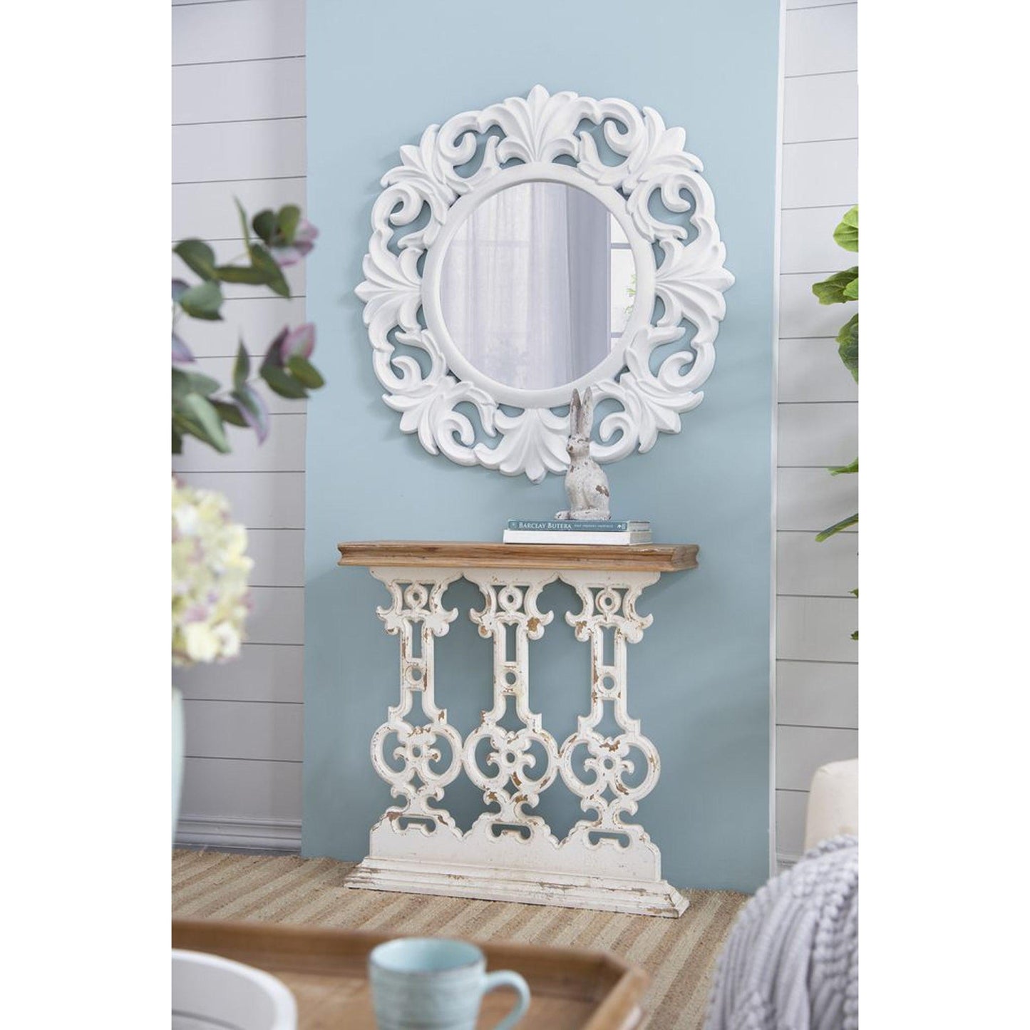 A&B Home 39" x 39" Bundle of 7 Round Fleur-de-lis Style Distressed White Frame Wall-Mounted Mirror