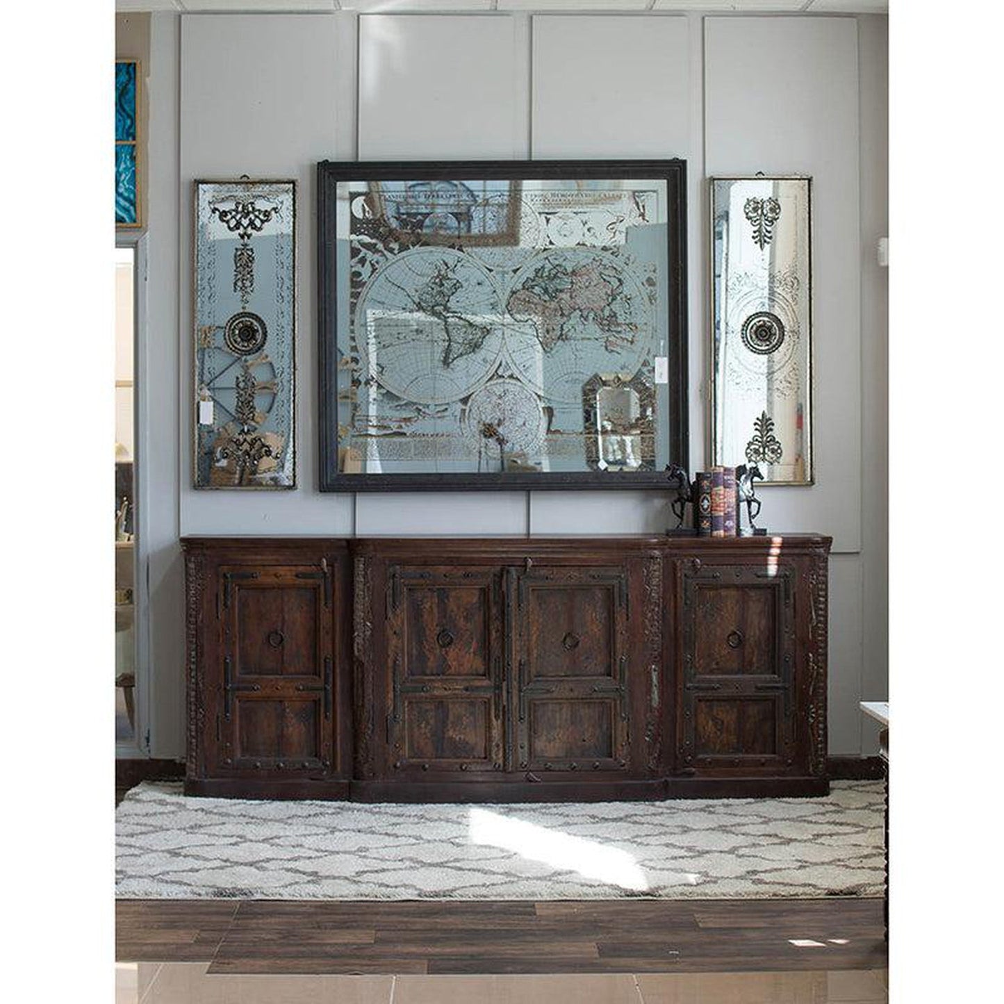 A&B Home 57" x 51" Bundle of 7 Rectangular Distressed Black Glass Frame Wall-Mounted Mirror With Wall Art