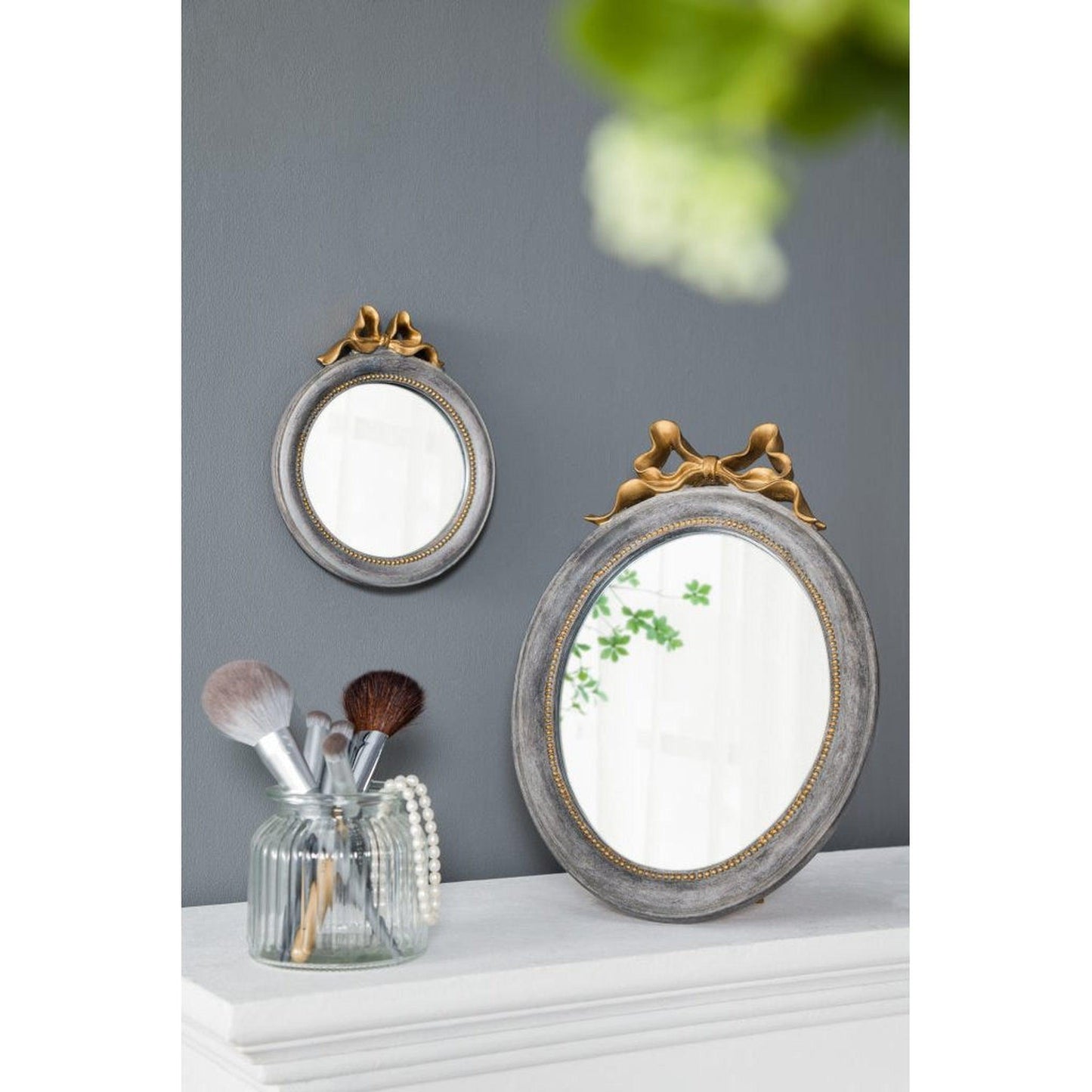 A&B Home 8" x 9" Bundle of 130 Round Slate Gray and Gold Freestanding Mirror With Bow Ornament