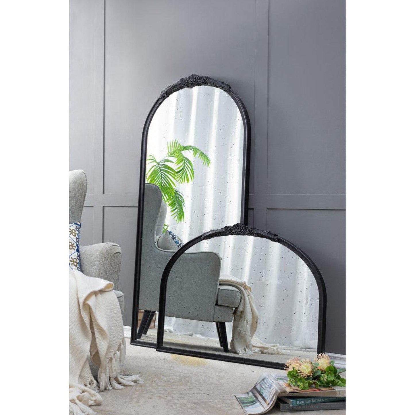 A&B Home Bingley 29" x 65" Bundle of 7 Arched Black Wood Hand Carved Rose Antique Frame Wall-Mounted Mirror