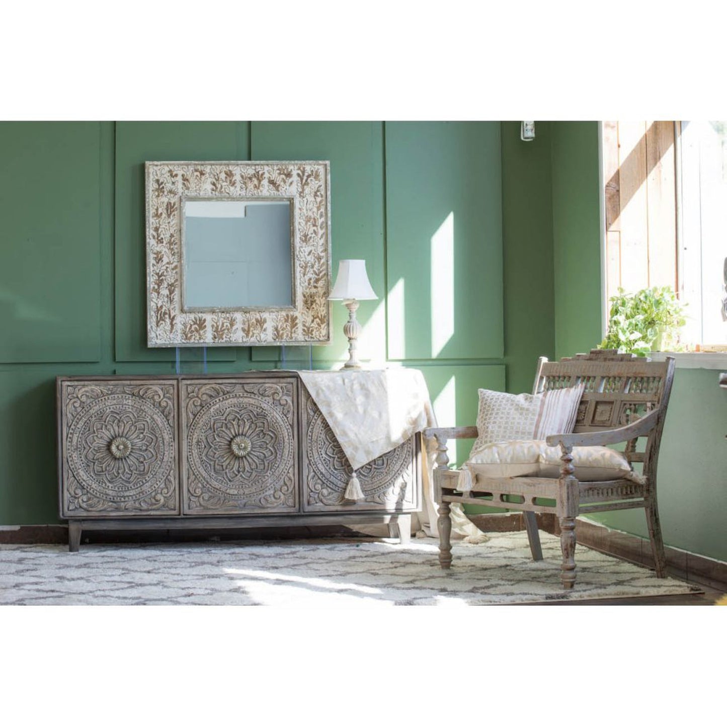 A&B Home Exotic Melodies 37" x 37" Bundle of 7 Square Shaped Beige and Ivory Wooden Frame Wall-Mounted Mirror