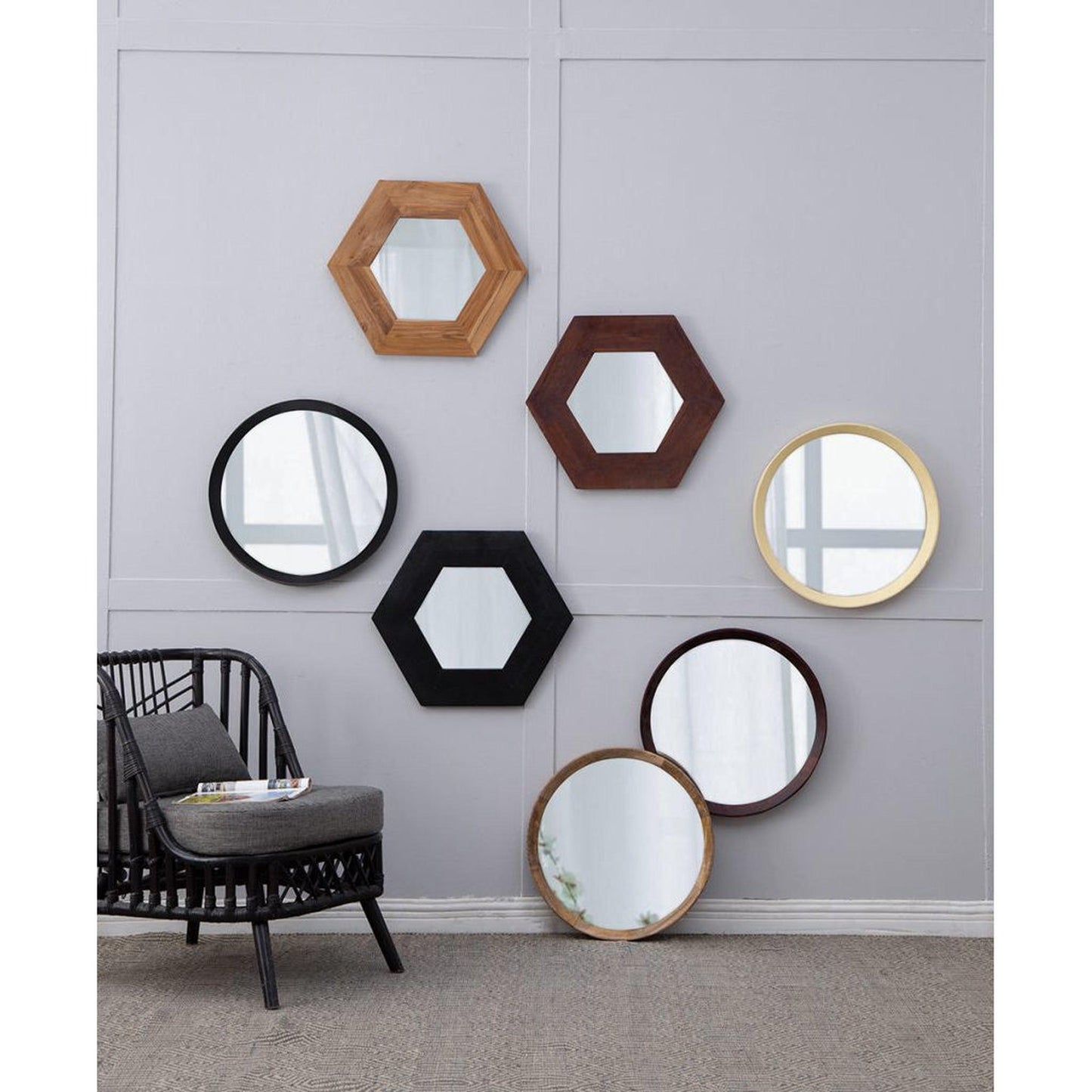 A&B Home Porthole 20" x 20" Bundle of 48 Round Dark Brown Mango Wood Frame Wall-Mounted Mirror