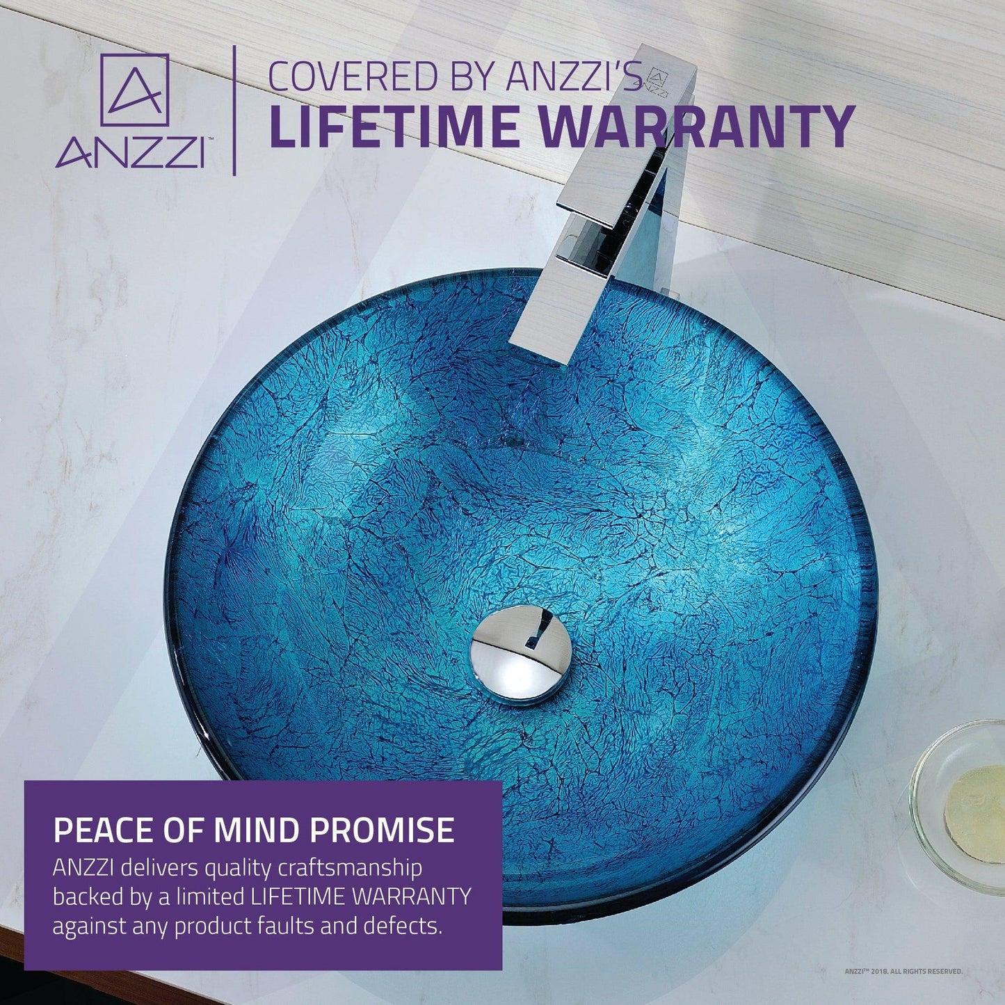 ANZZI Accent Series 17" x 17" Round Blue Ice Deco-Glass Vessel Sink With Polished Chrome Pop-Up Drain