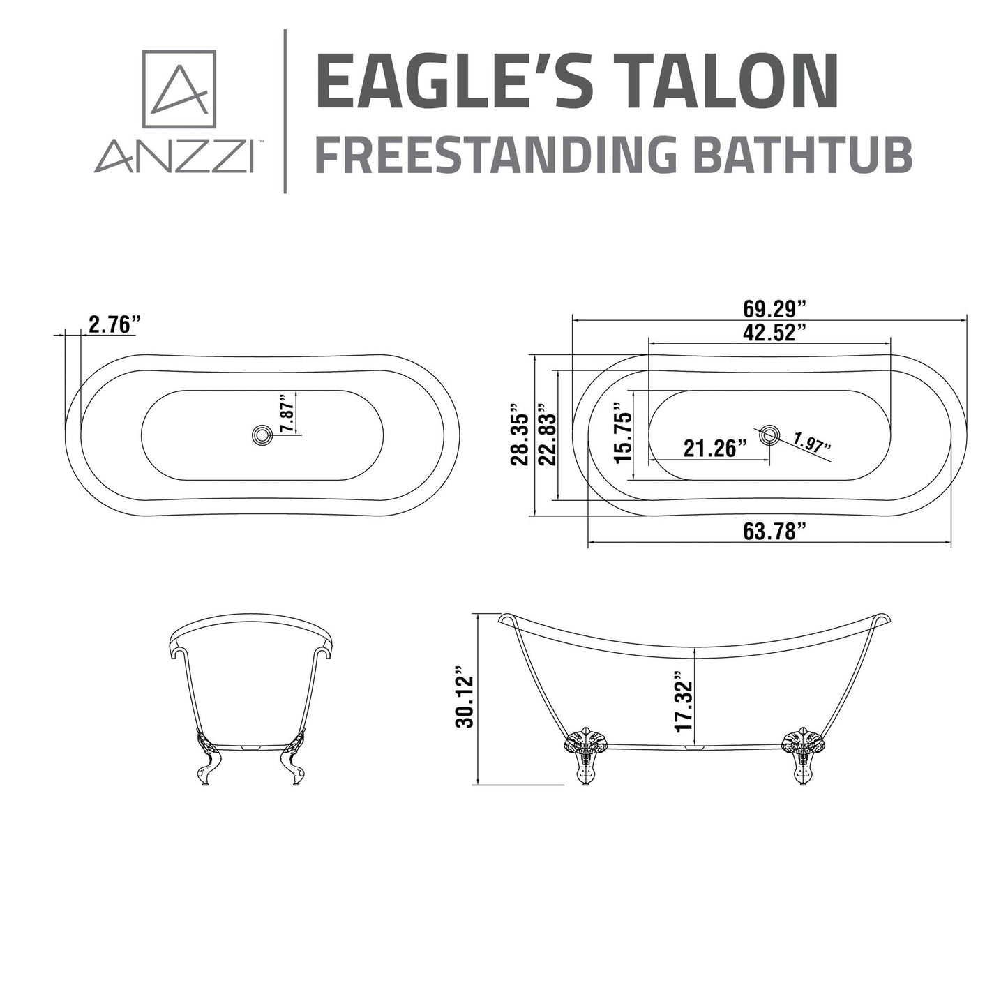 ANZZI Belissima Series 69" x 28" Freestanding Glossy White in Eagle's Talon Claw Feet Style Bathtub With Built-In Overflow