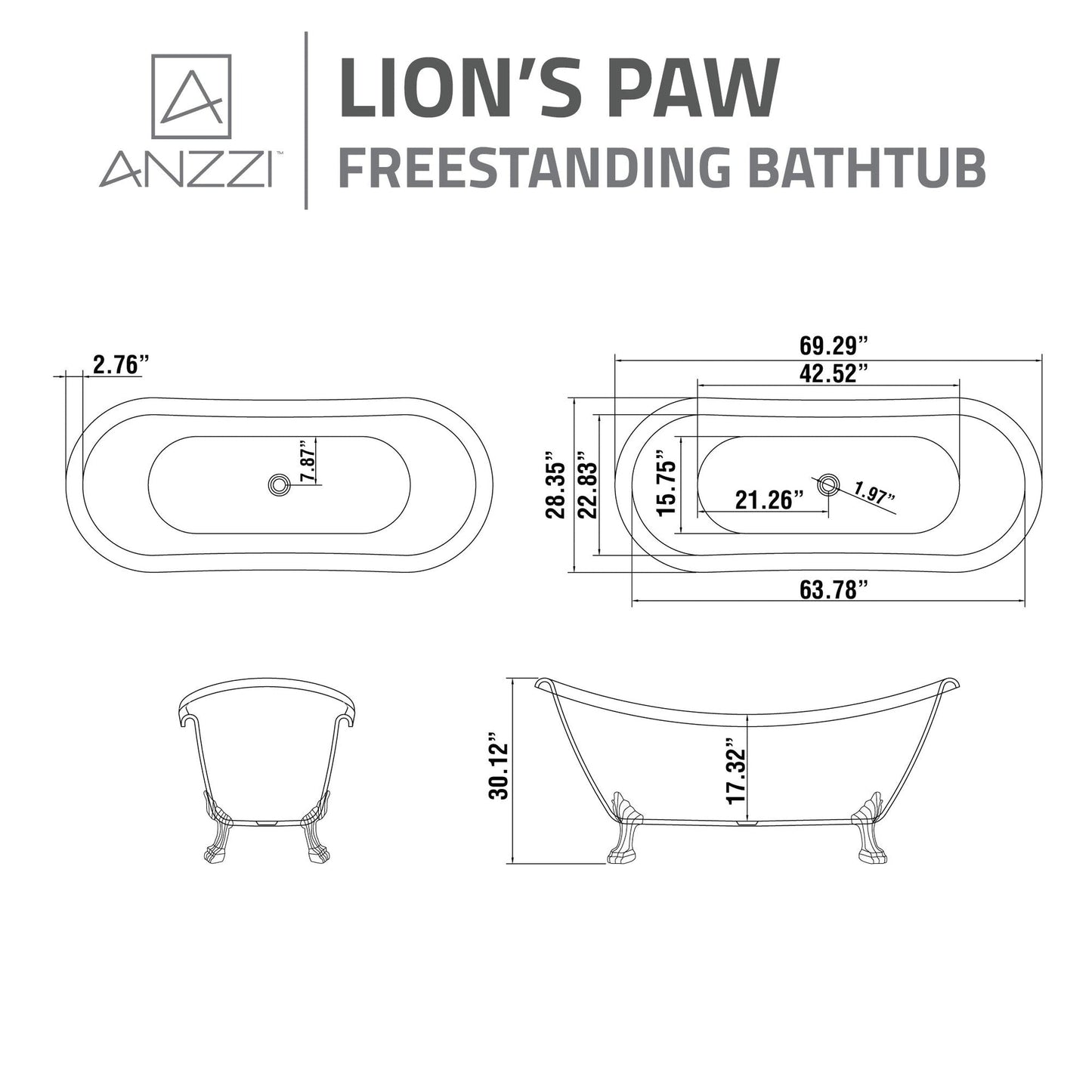 ANZZI Belissima Series 69" x 28" Freestanding Glossy White in Lion's Paw Claw Feet Style Bathtub With Built-In Overflow