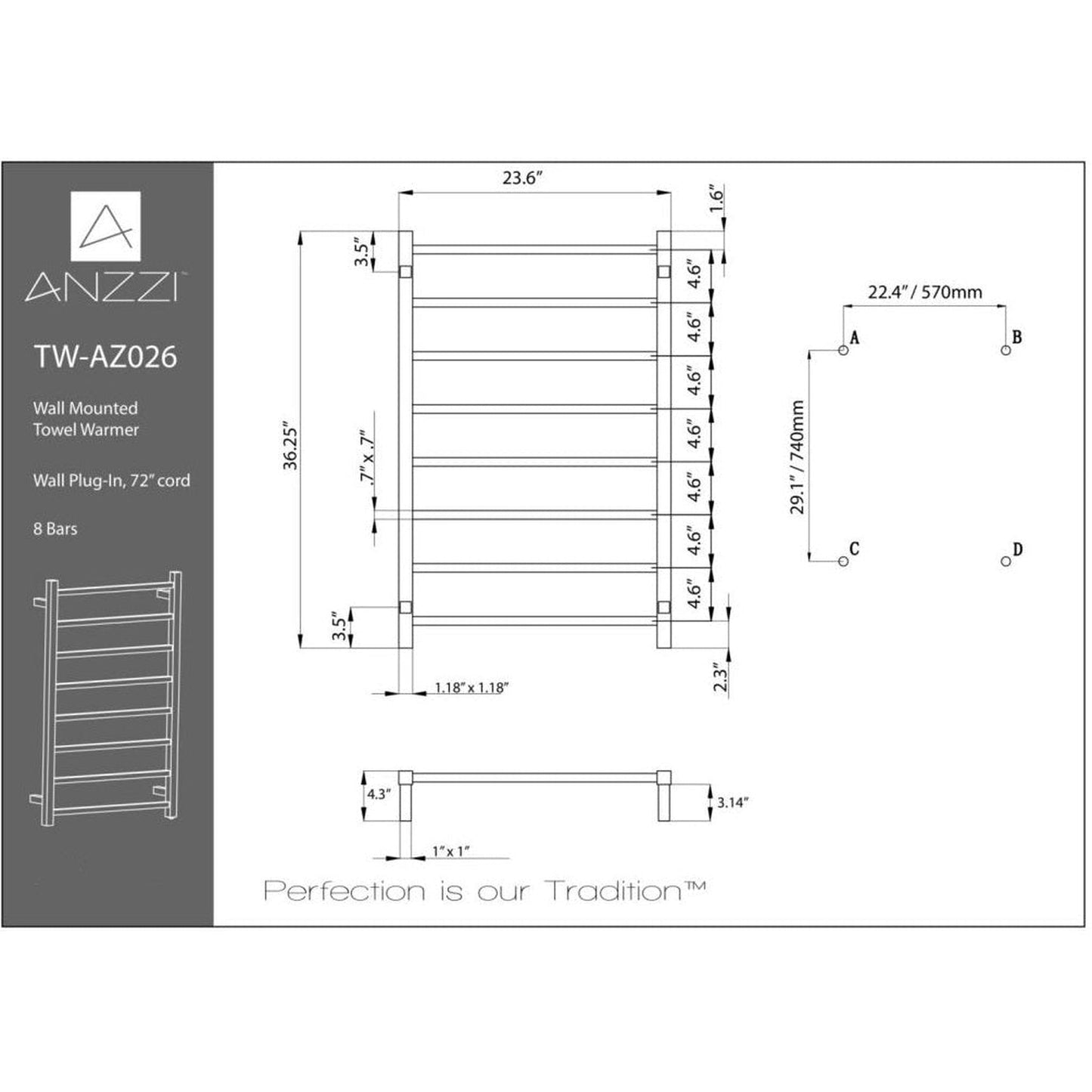 ANZZI Bell Series 8-Bar Oil Rubbed Bronze Wall-Mounted Electric Towel Warmer Stainless Steel Rack