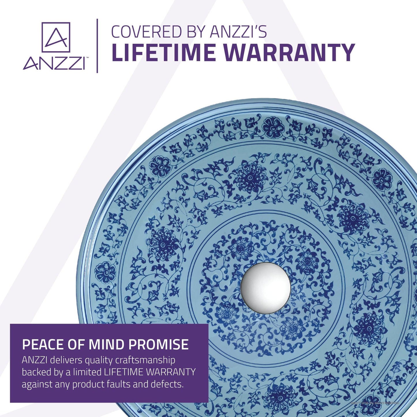 ANZZI Cadence Series 16" x 16" Round White and Blue Floral Deco-Glass Vessel Sink With Polished Chrome Pop-Up Drain