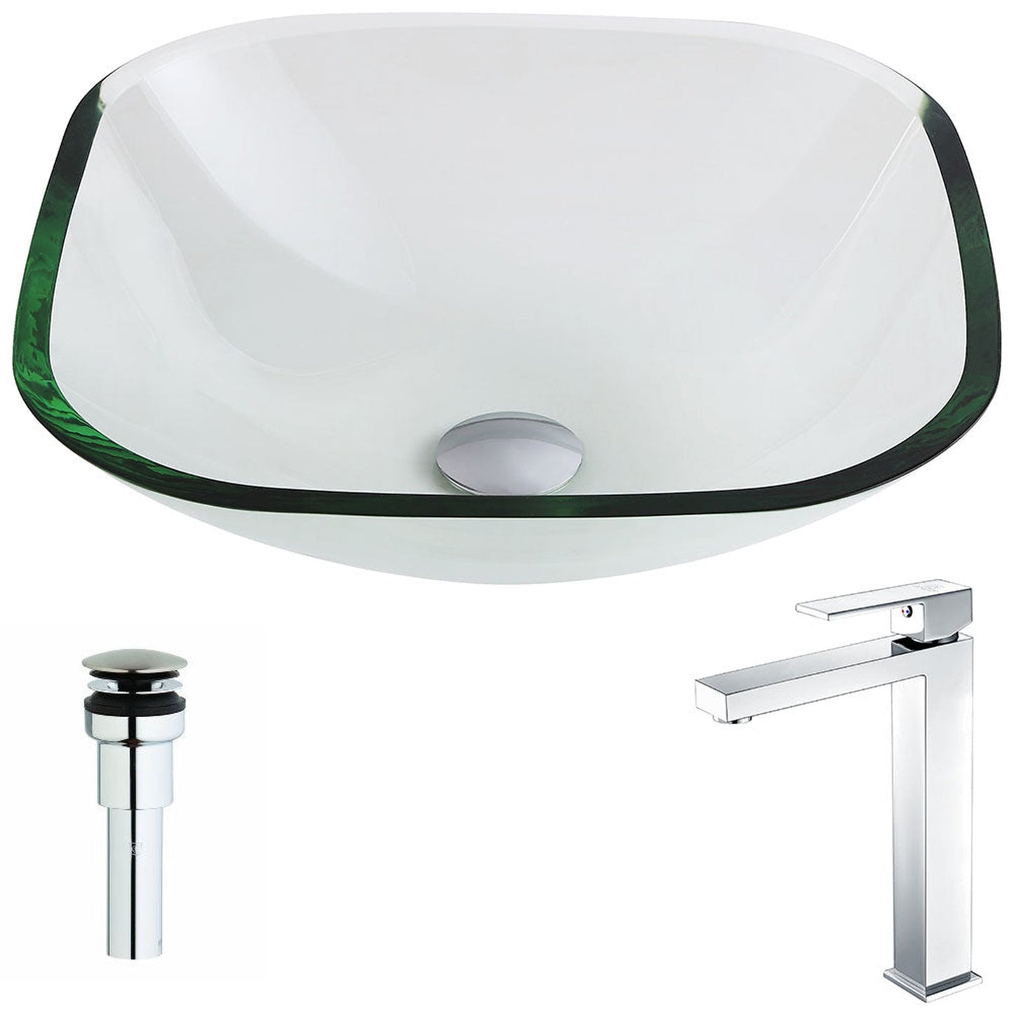 ANZZI Cadenza Series 17" x 17" Square Shape Lustrous Clear Deco-Glass Vessel Sink With Chrome Pop-Up Drain and Enti Faucet