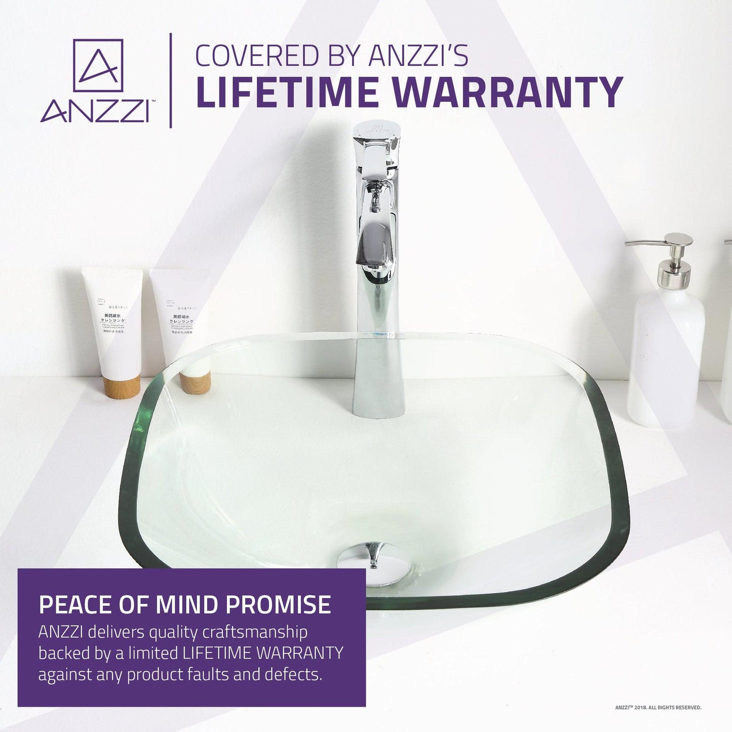 ANZZI Cadenza Series 17" x 17" Square Shape Lustrous Clear Deco-Glass Vessel Sink With Polished Chrome Pop-Up Drain