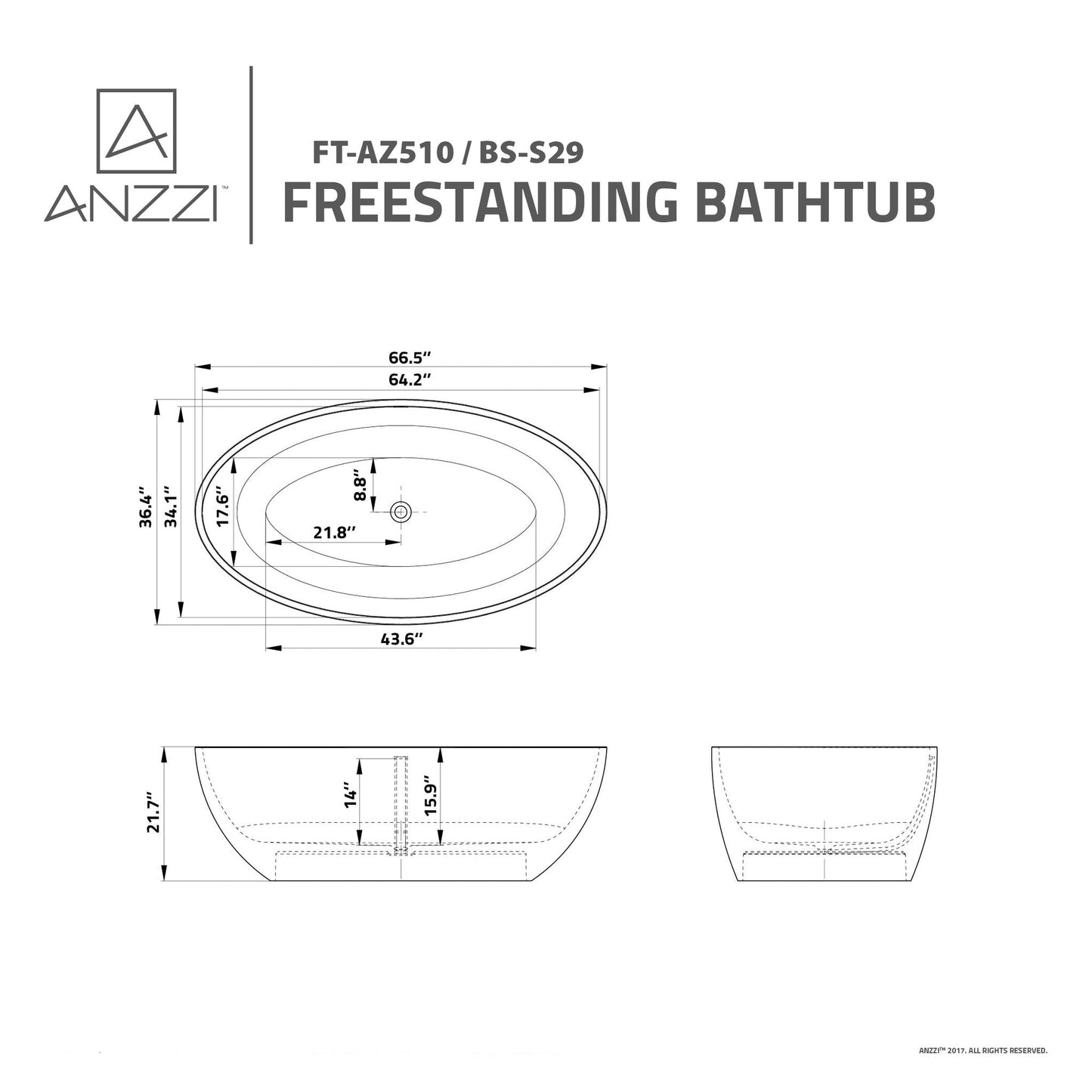 ANZZI Cestino Series 67" x 36" Freestanding Matte White Bathtub With Built-In Overflow