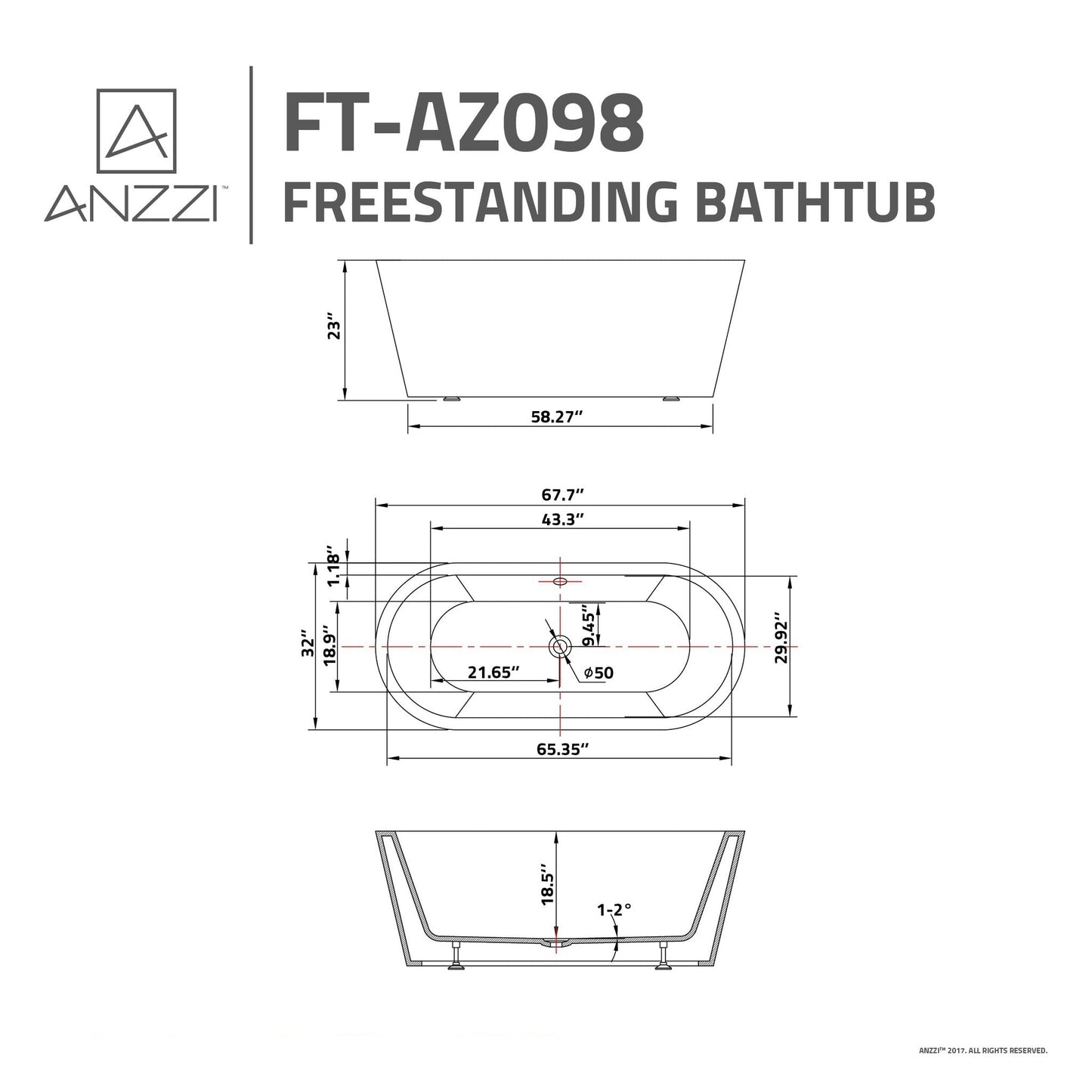 ANZZI Chand Series 67" x 32" Freestanding Glossy White Bathtub With Built-In Overflow