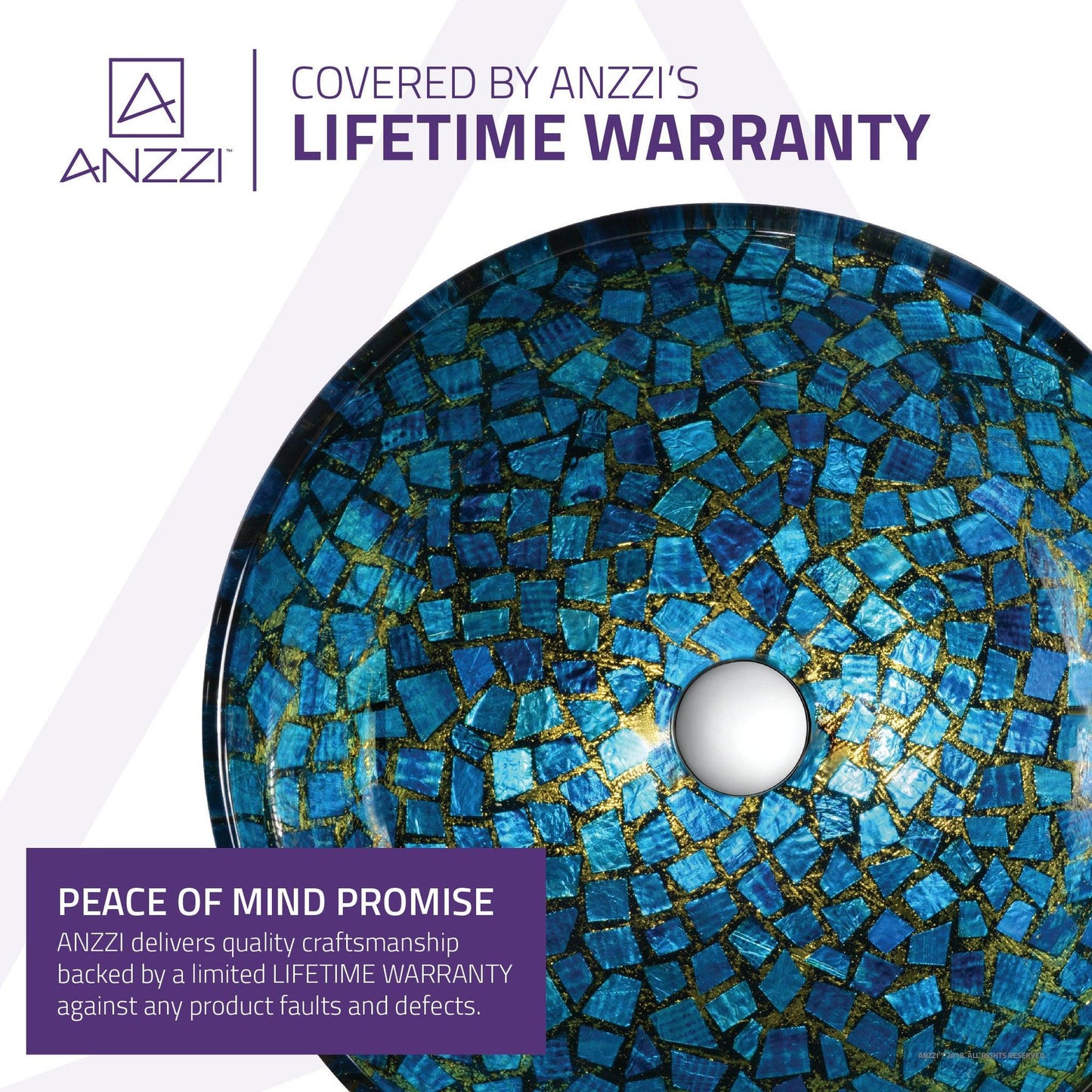 ANZZI Chipasi Series 17" x 17" Round Blue and Gold Mosaic Deco-Glass Vessel Sink With Polished Chrome Pop-Up Drain