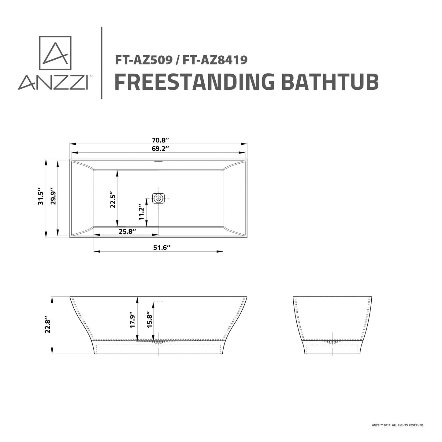 ANZZI Crema Series 71" x 32" Freestanding Matte White Bathtub With Built-In Overflow
