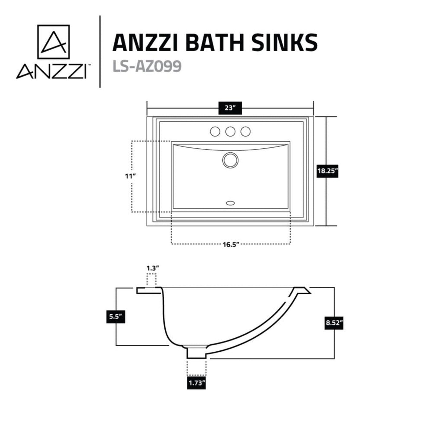 ANZZI Dawn Series 23" x 18" Glossy White Three Faucet Holes Drop-In Sink With Built-In Overflow