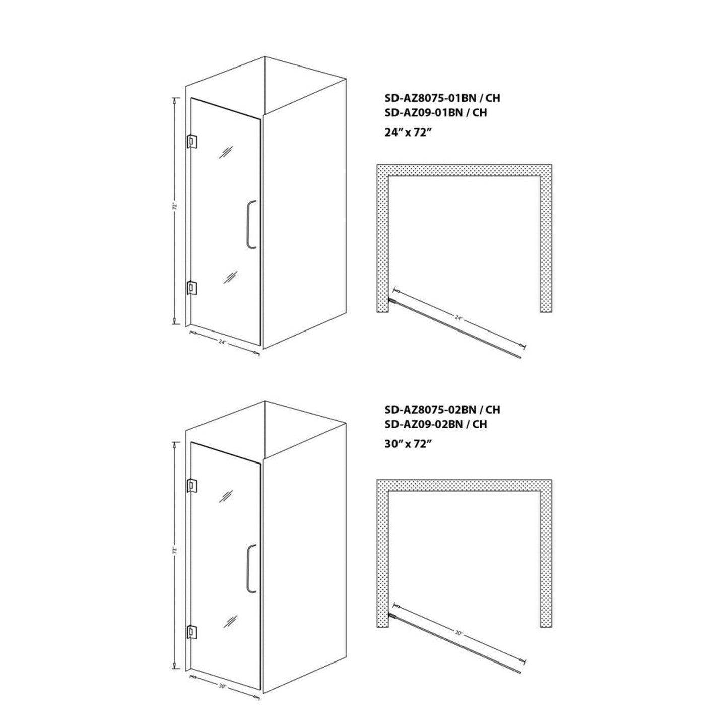 ANZZI Fellow Series 24" x 72" Frameless Rectangular Brushed Nickel Hinged Shower Door With Handle and Tsunami Guard
