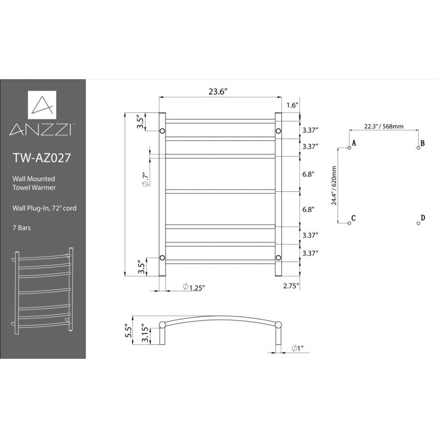 ANZZI Gown Series 7-Bar Stainless Steel Brushed Nickel Wall-Mounted Electric Towel Warmer Rack