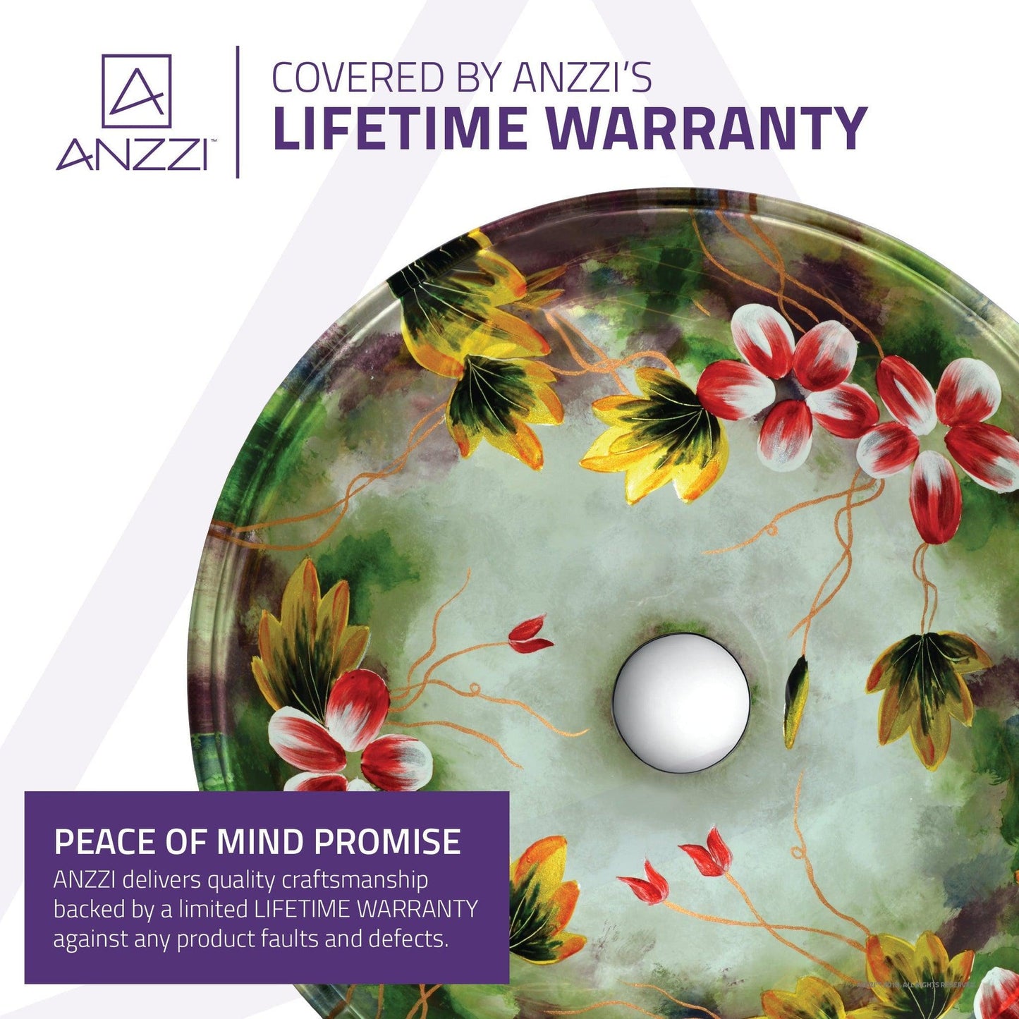 ANZZI Impasto Series 17" x 17" Round Green Painted Mural Vessel Sink With Polished Chrome Pop-Up Drain