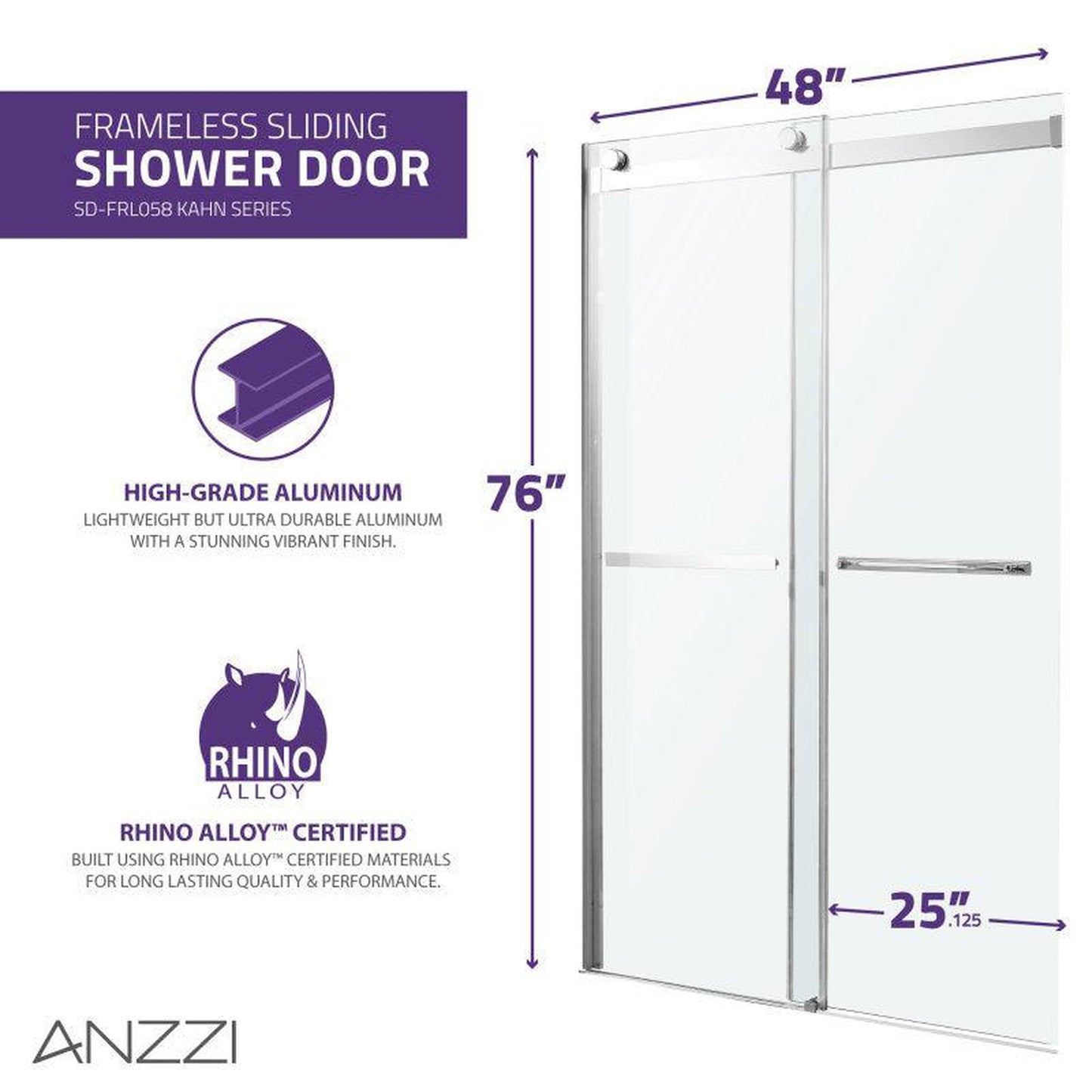 ANZZI Kahn Series 48" x 76" Frameless Rectangular Matte Black Sliding Shower Door With Handle and Tsunami Guard