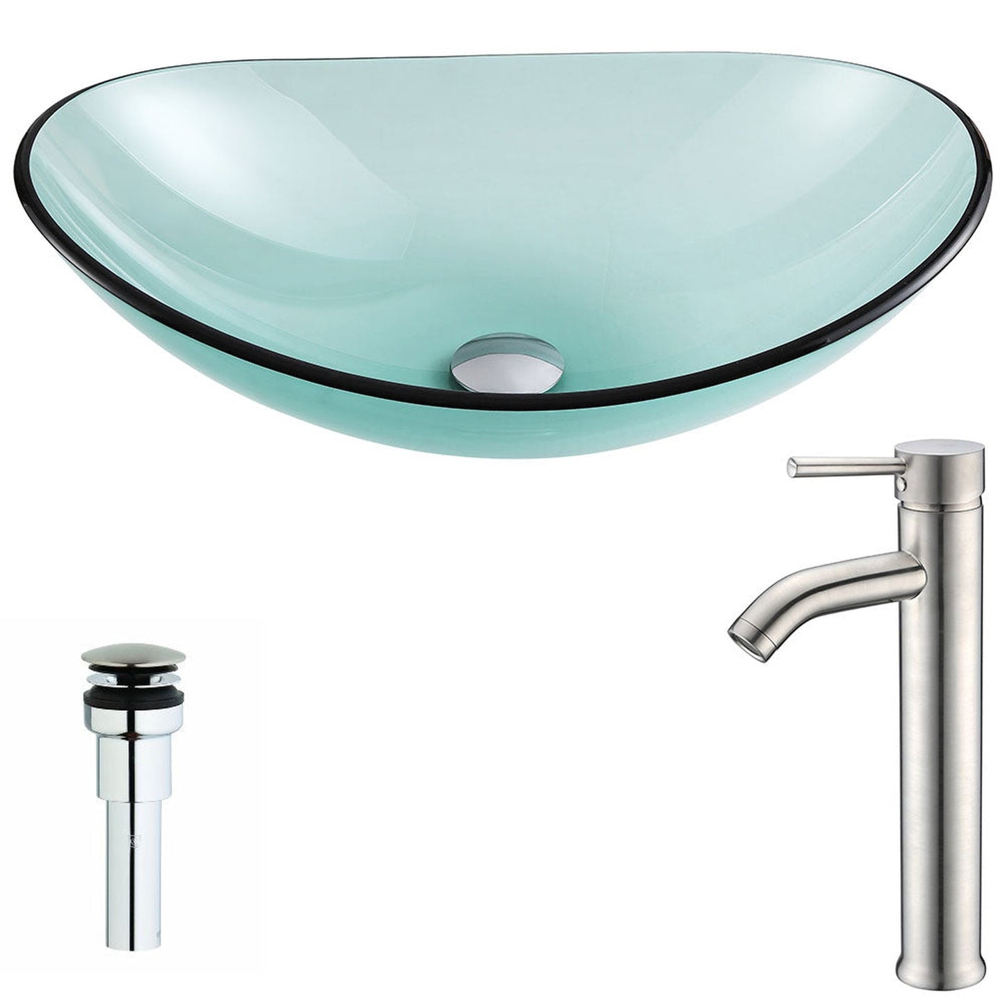 ANZZI Major Series 21" x 14" Oval Shaped Lustrous Green Deco-Glass Vessel Sink With Chrome Pop-Up Drain and Brushed Nickel Fann Faucet