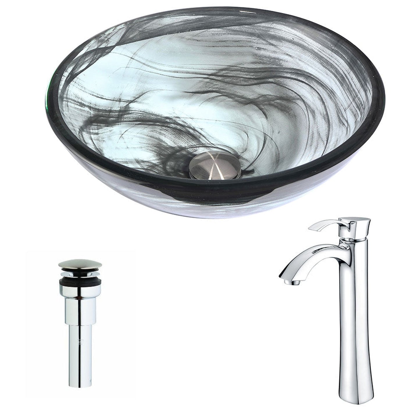ANZZI Mezzo Series 17" x 17" Round Slumber Wisp Deco-Glass Vessel Sink With Chrome Pop-Up Drain and Harmony Faucet