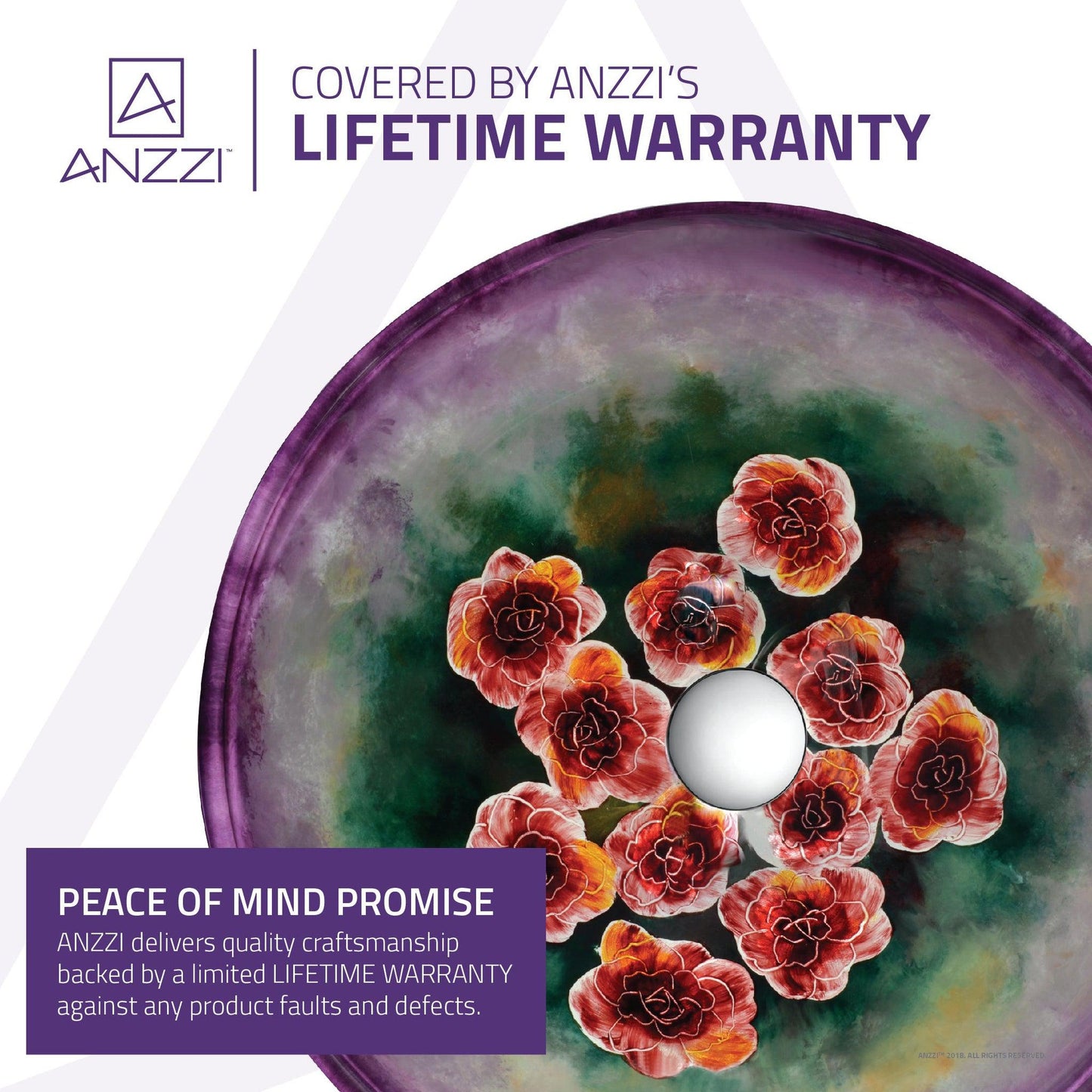 ANZZI Panye Series 17" x 17" Purple Hand Painted Mural Deco-Glass Vessel Sink With Polished Chrome Pop-Up Drain