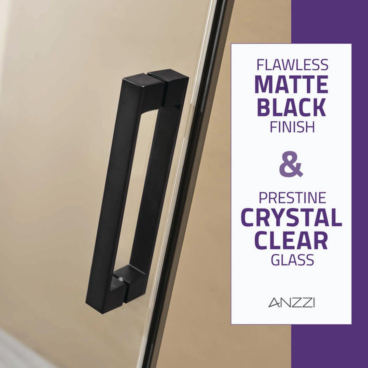 ANZZI Rhodes Series 60" x 76" Frameless Rectangular Matte Black Sliding Shower Door With Handle and Tsunami Guard