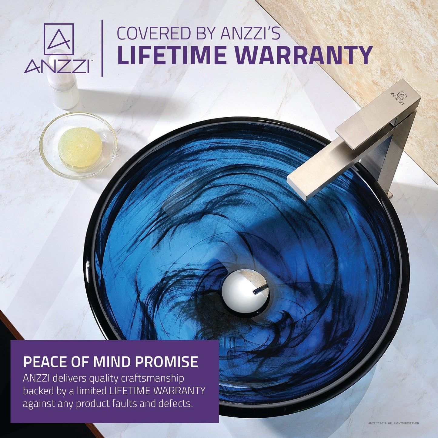 ANZZI Soave Series 17" x 17" Round Sapphire Wisp Deco-Glass Vessel Sink With Polished Chrome Pop-Up Drain