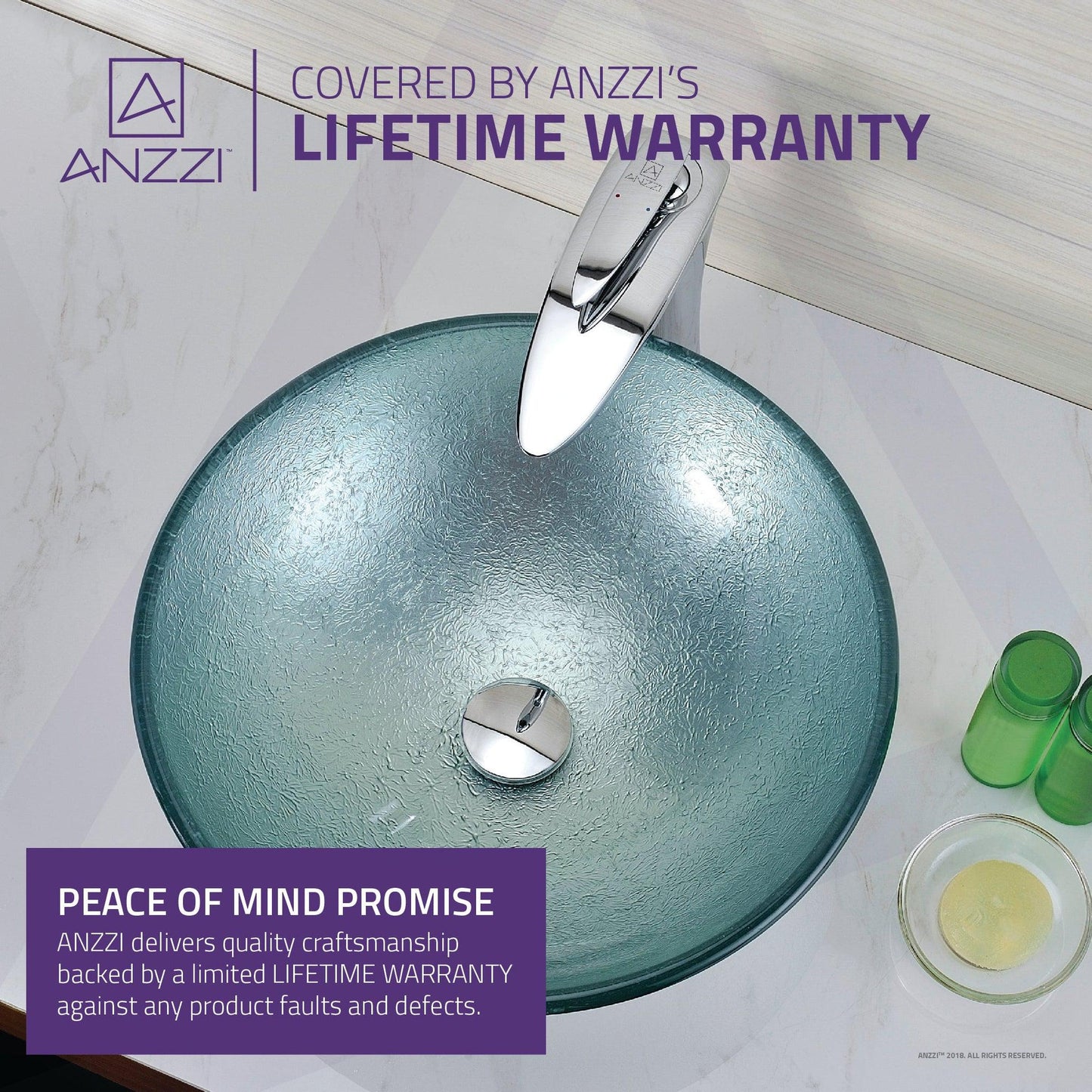 ANZZI Spirito Series 17" x 17" Round Churning Silver Deco-Glass Vessel Sink With Polished Chrome Pop-Up Drain