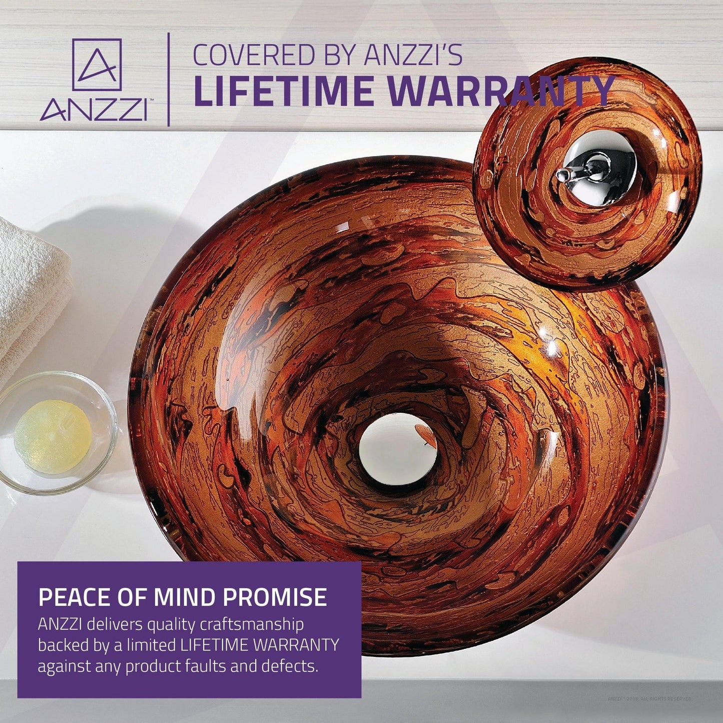 ANZZI Stanza Series 17" x 17" Round Lustrous Brown Deco-Glass Vessel Sink With Polished Chrome Pop-Up Drain and Lustrous Brown Faucet