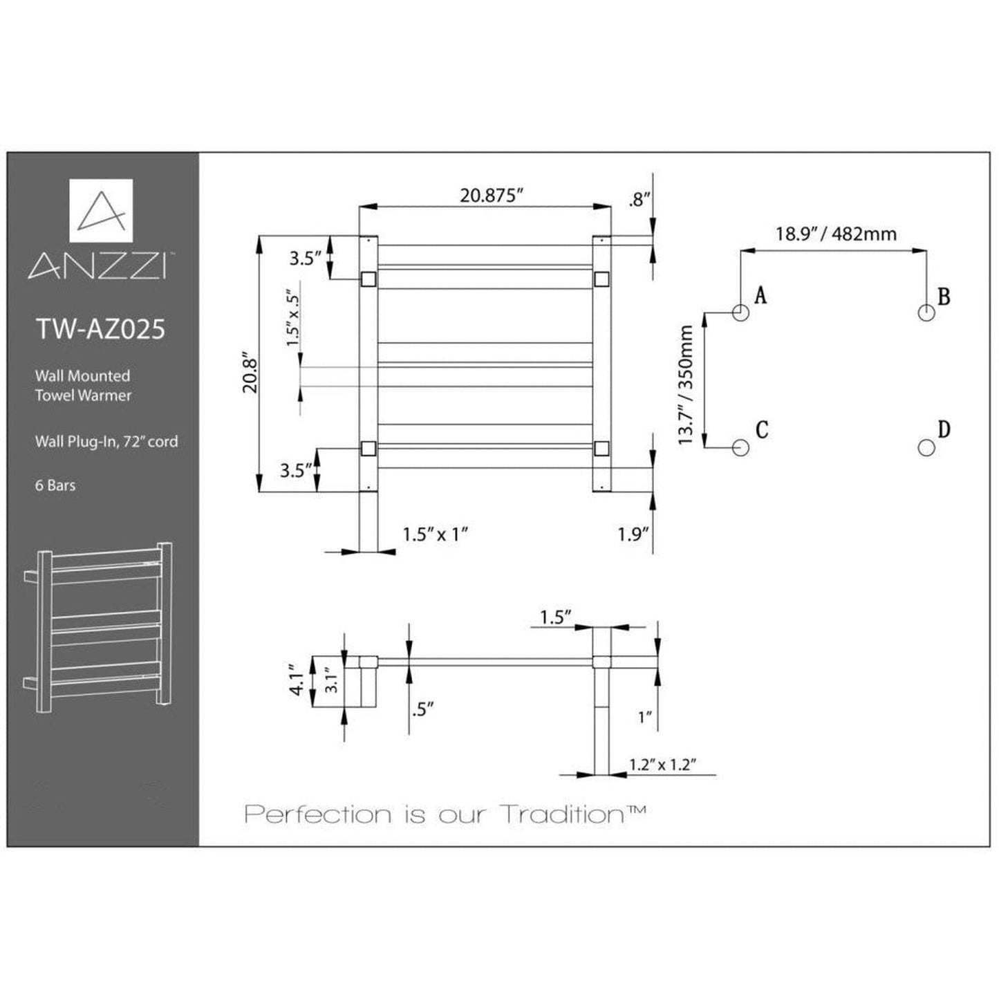 ANZZI Starling Series Brushed Nickel 6-Bar Stainless Steel Wall-Mounted Electric Towel Warmer Rack