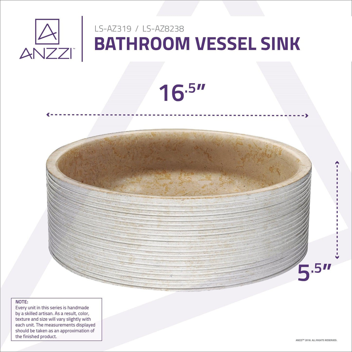 ANZZI Stoic Crown Series 17" x 17" Round Classic Cream Vessel Sink