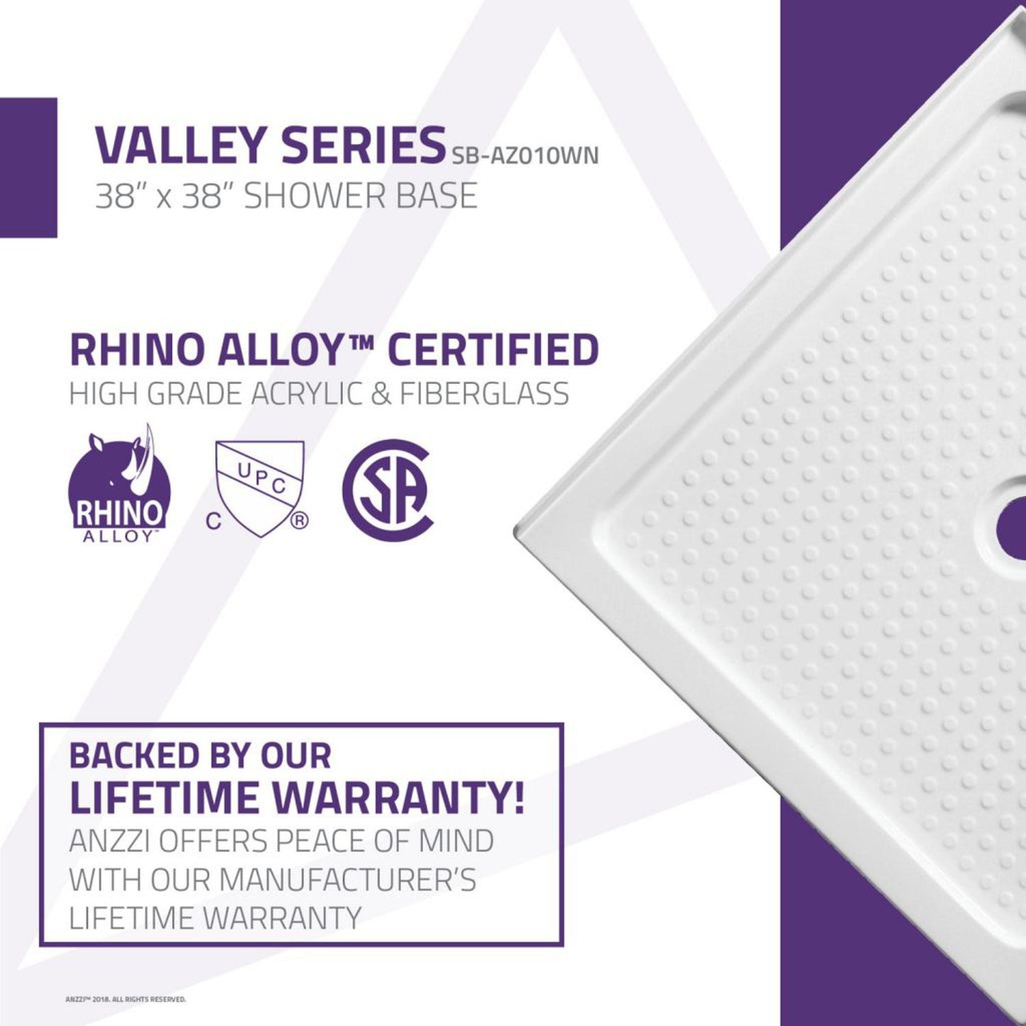 ANZZI Valley Series 38" x 38" Center Drain Double Threshold White Shower Base With Built-in Tile Flange