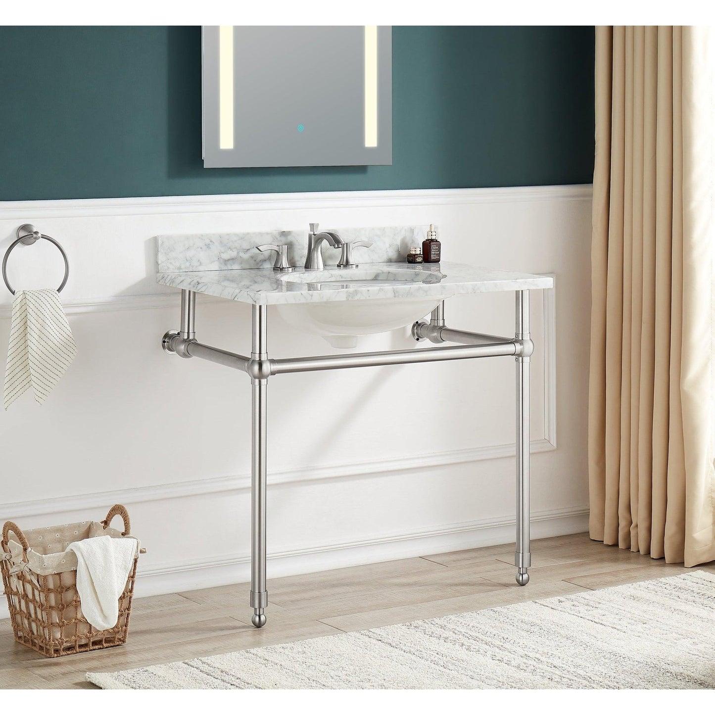 ANZZI Verona Series 34.5" x 34" Console Sink in White Carrara Countertop With Brushed Nickel Stainless Steel Stand Legs