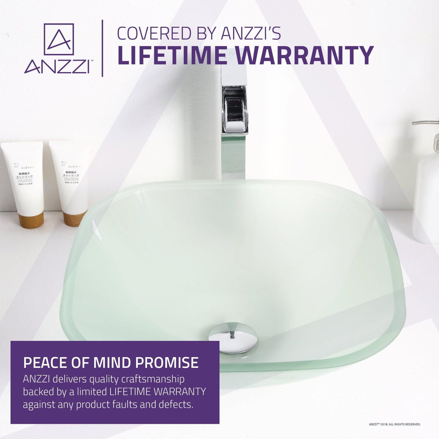ANZZI Victor Series 17" x 17" Square Shaped Lustrous Frosted Deco-Glass Vessel Sink With Polished Chrome Pop-Up Drain